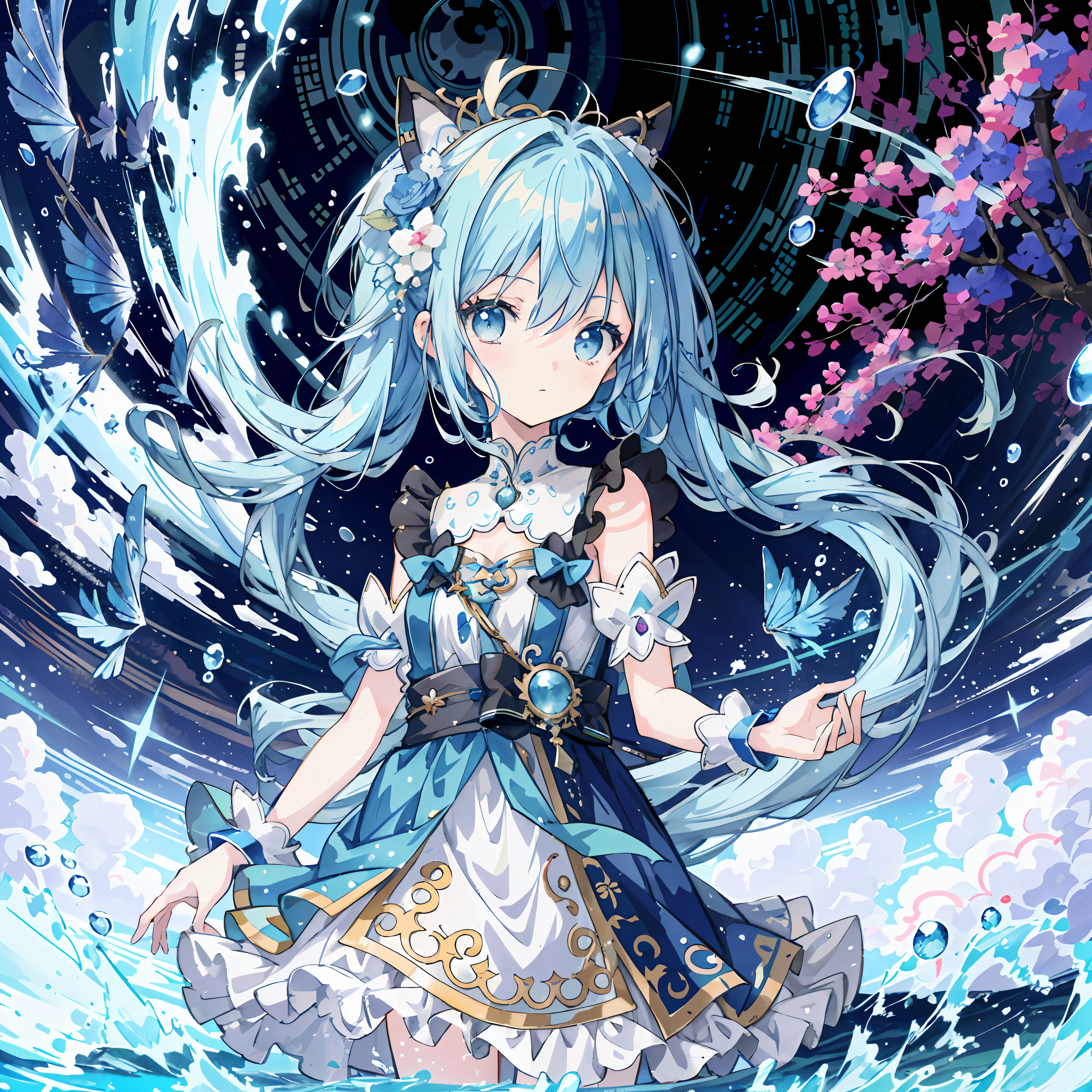 Anime girl standing in water with long blue hair and blue dress, splash art anime , high detail official artwork, detailed key anime art, official artwork, wallpaper anime blue water, beautiful fantasy anime, blue hair god, official anime artwork, cute anime waifu in beautiful clothes, trend in artstation pixiv, anime art wallpaper 8 K, mikudayo