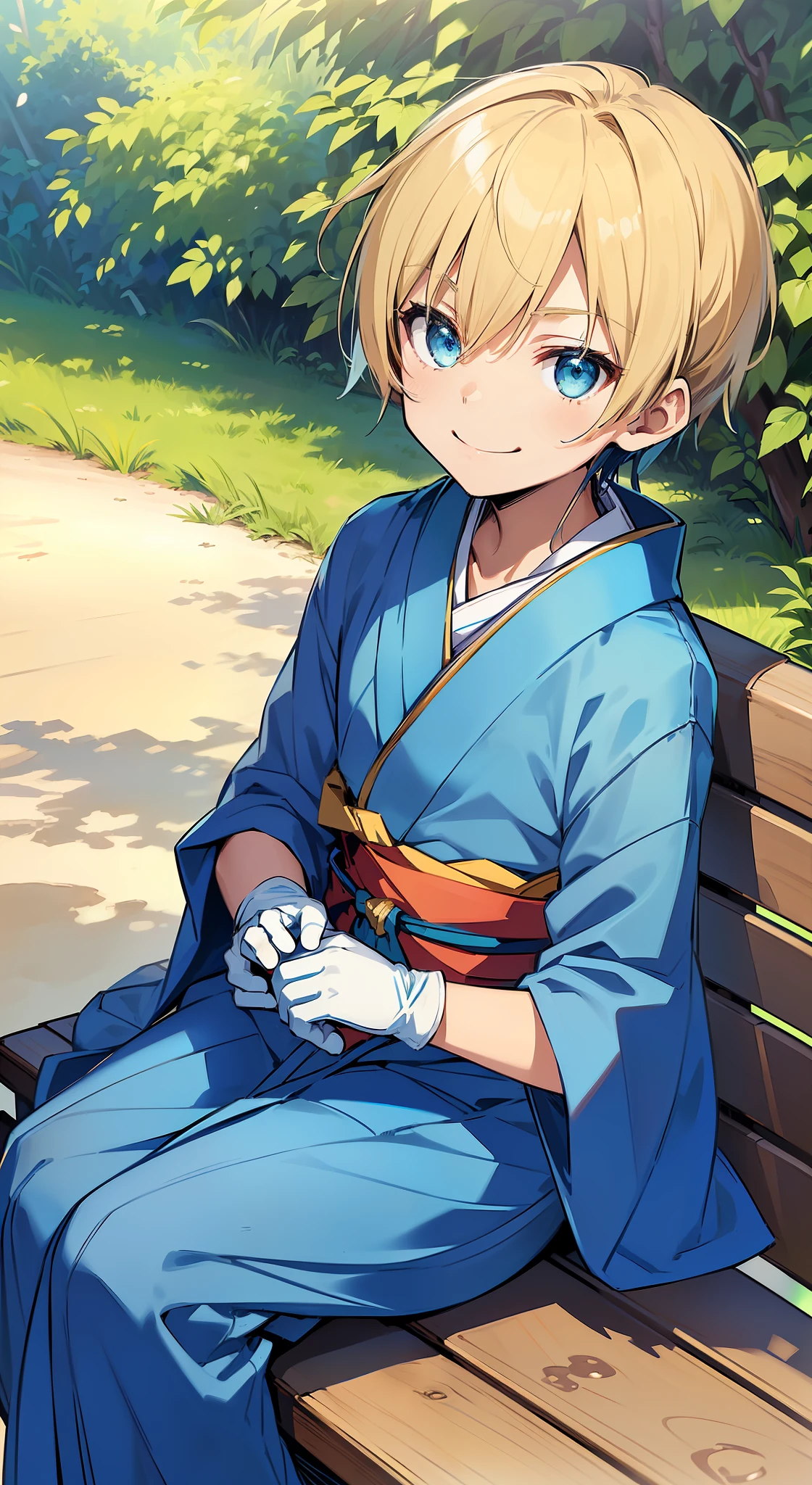 ((4k, masterpiece, highest quality)), boy, Eugeo, Sword Art Online, (((very short hair)), flaxen hair, (7 years old), turned to the side, solo, green eyes, blue yukata, ((long kimono)), white gloves, (((blue scarf)), full body, seductive smile, outdoors, sitting, on a bench, straw sandals,