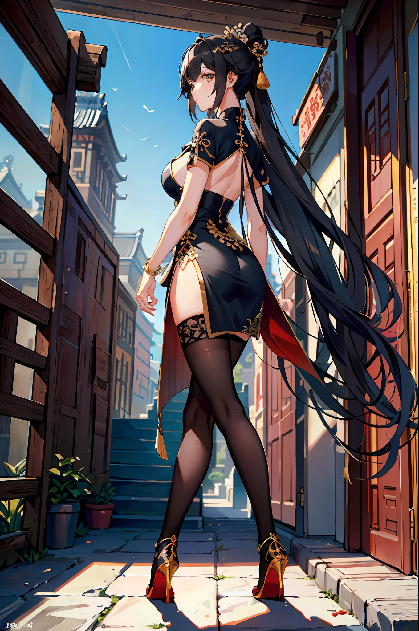 (((masterpiece, top quality, illustrations, details))), (((Highly detailed CG Unity 8k wallpaper, high resolution)), (Detailed face and eyes: 1.1), amazing,
1 girl, big ass, black hair, long hair, solo, photo background, from behind, , red heels, standing, full body, with your back turned,,
colorful chinese dress,
Ancient buildings of China, daytime,