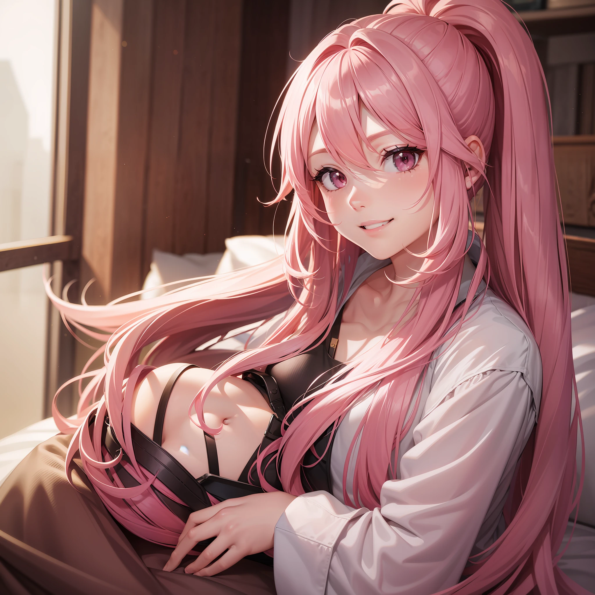 Girl Long Hair Pink Hair Bed Best Quality Ultra High Definition 8K Masterpiece Perfect Ponytail Smile