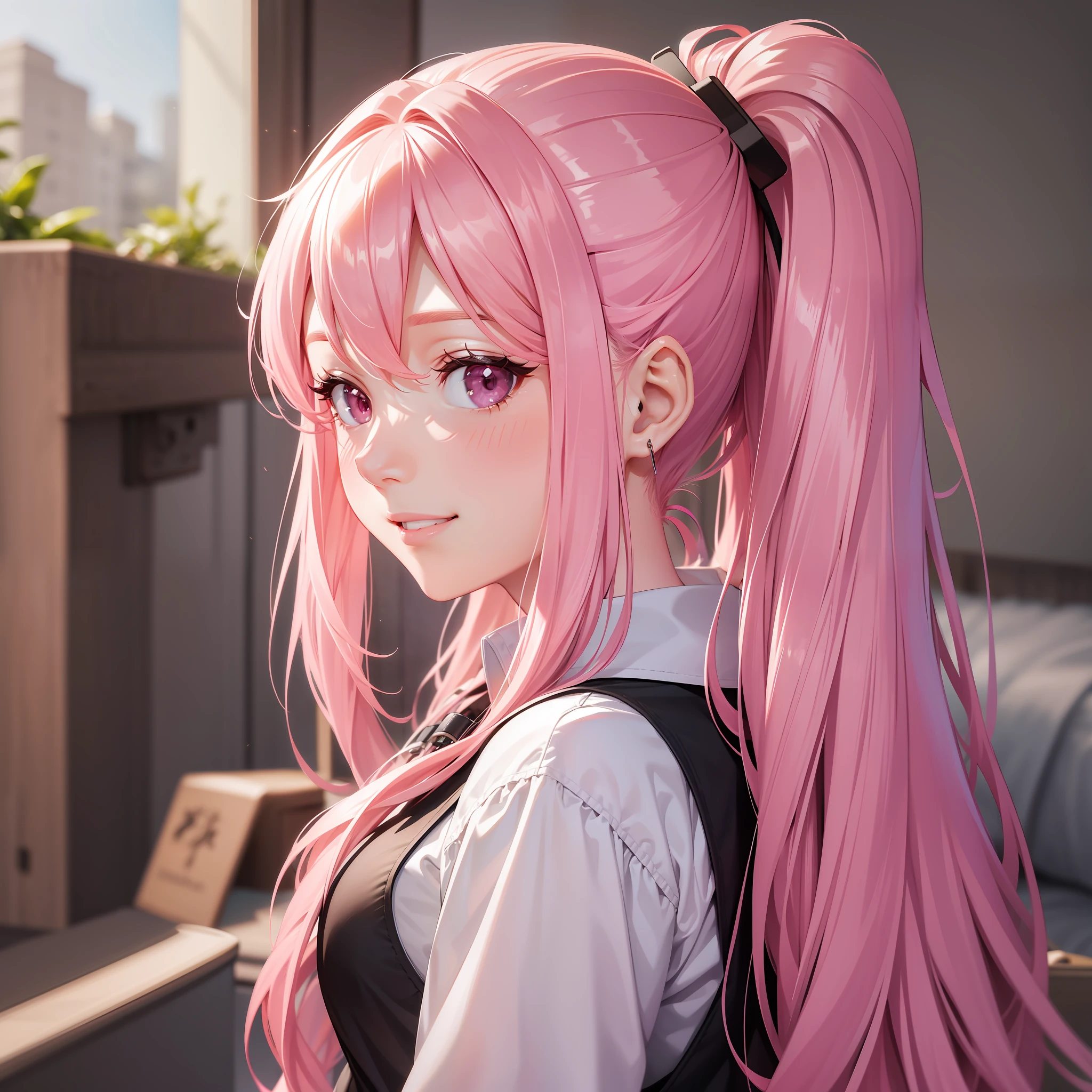 Girl Long Hair Pink Hair Bed Best Quality Ultra High Definition 8K Masterpiece Perfect Ponytail Smile