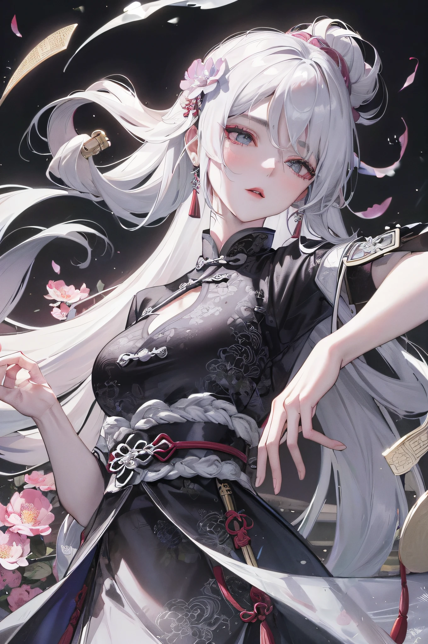 Masterpiece, Best, Night, Full Moon, 1 Female, Mature Woman, Chinese Style, Ancient China, Elder Sister, Royal Sister, Cold Face, Expressionless, Silver White Long Haired Woman, Pale Pink Lips, Calm, Intellectual, Three Belts, Gray Hitomi, assassin, dagger, flower ball background, street view