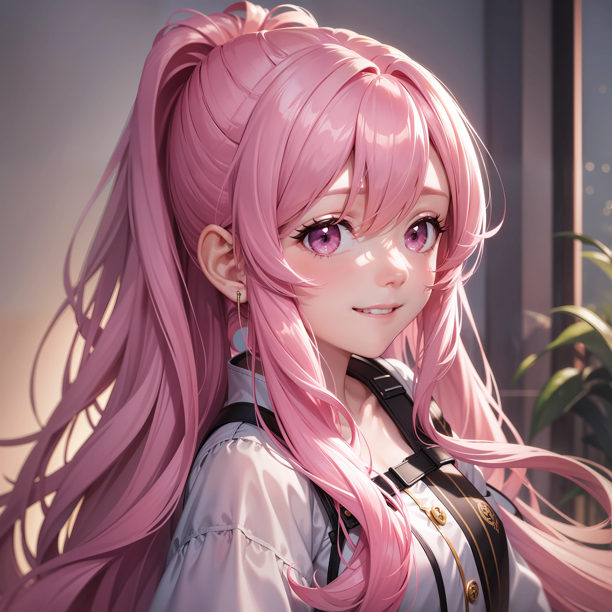 Girl Long Hair Pink Hair Bed Best Quality Ultra High Resolution 8K Masterpiece Perfect Ponytail Smile Cute