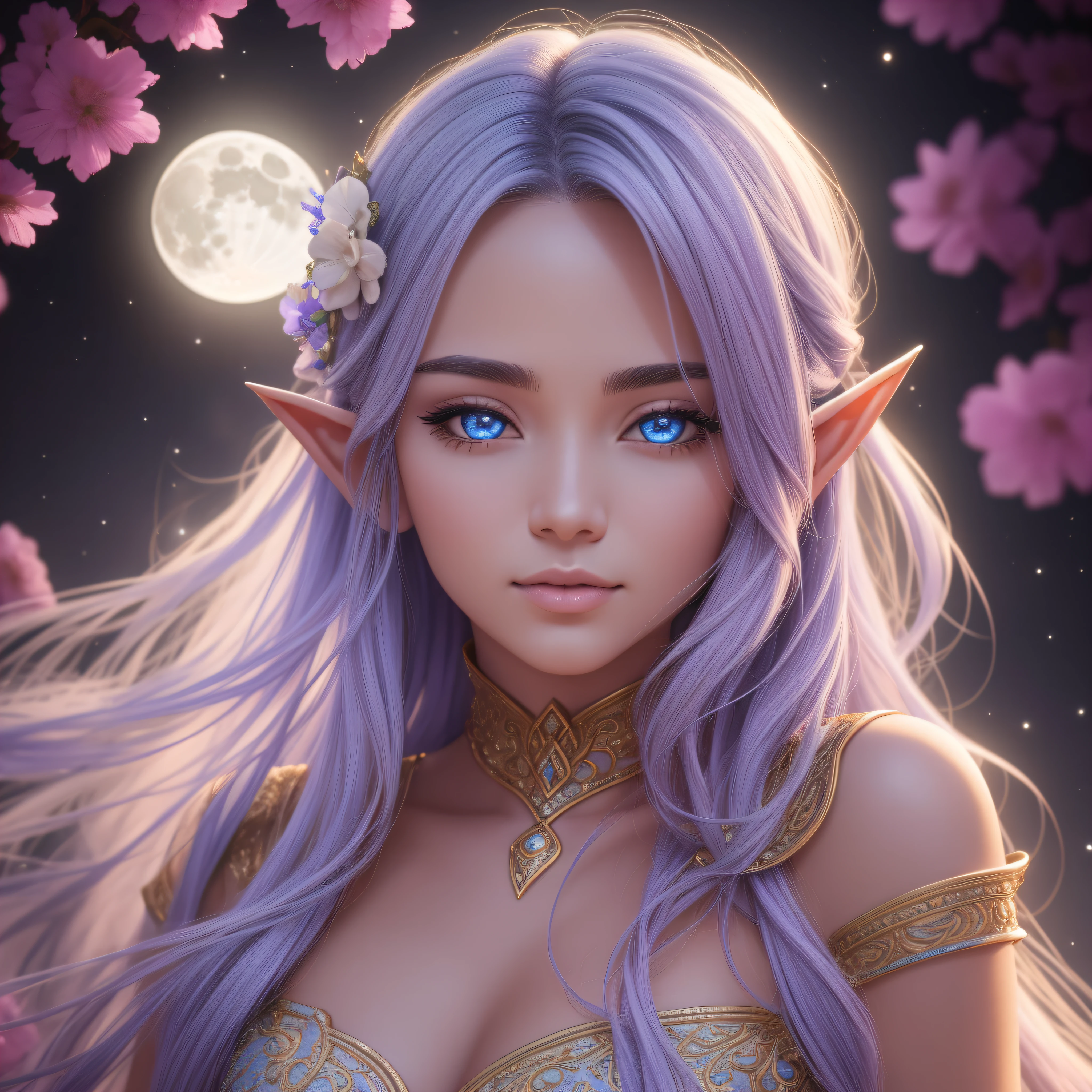 a Moon Elf, Large full moon in background, chiaroscuro, hyperrealism, luminism, hd, very detailed, 4k, 8k, shot on a Nikon Z7 II and Nikon NIKKOR Z 105mm f/2.8 VR S, best quality, (detailed face, detailed eyes, detailed pupils, detailed clothes and features, clear background) --auto --s2