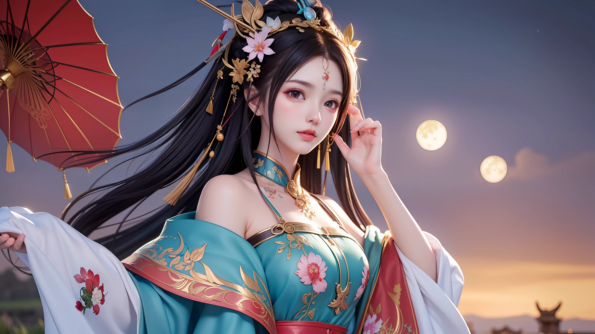 (8k, RAW photo:1.2),best quality, ultra high res,dramatic angle,(fluttered detailed color splashs), (illustration),(((1 girl))),(long hair),(rain:0.9),(hair ornament:1.4),there is an ancient palace beside the girl,chinese clothes,(focus on), color Ink wash painting,(color splashing),colorful splashing,(((colorful))),(sketch:0.8), Masterpiece,best quality, beautifully painted,highly detailed,(denoising:0.6),[splash ink],((ink refraction)), (beautiful detailed sky),moon,highly,detaild,(masterpiece, best quality, extremely detailed CG unity 8k wallpaper,masterpiece, best quality, ultra-detailed),(Lycoris radiata),