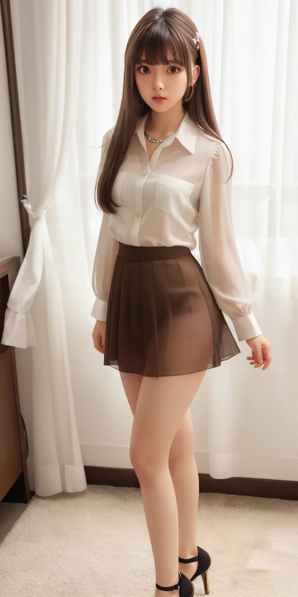 (8K, RAW Photo, Best Quality, Masterpiece: 1.2), (Realistic, Photorealistic: 1.37), Best Quality, Ultra High Resolution, Photon Mapping, Radiosity, Physically Based Rendering, Blur, Foreground, Depth of Field, Blurred Background, Photo_\(Medium), Motion Blur, Girl, (Full Body), Long Legs, Thin Legs, Long Hair, Bangs, (Bangs visible), hair_ornament, Lips, Hair clip, Solo, brown_eyes, Nosesoft, Sheer white blouse, mini skirt, stockings, lower,