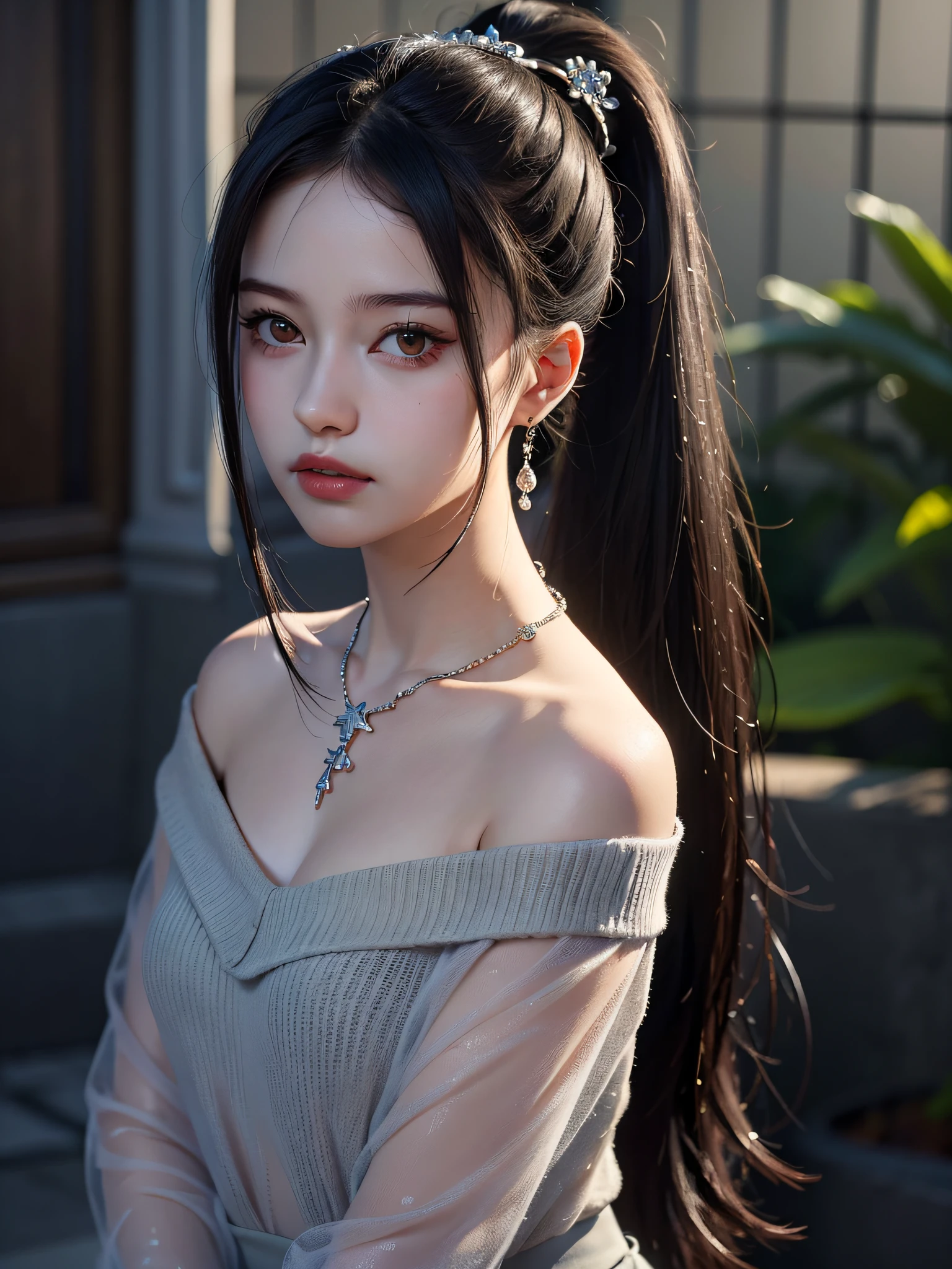 Top Quality, Masterpiece, Ultra High Resolution, (Photorealistic: 1.4), Raw Photo, 1 Girl, Off Shoulder, Darkness, Deep Shadows, Low Key, Cold Light, Black Hair Ponytail, Hair Ornament, Necklace, Jewelry,