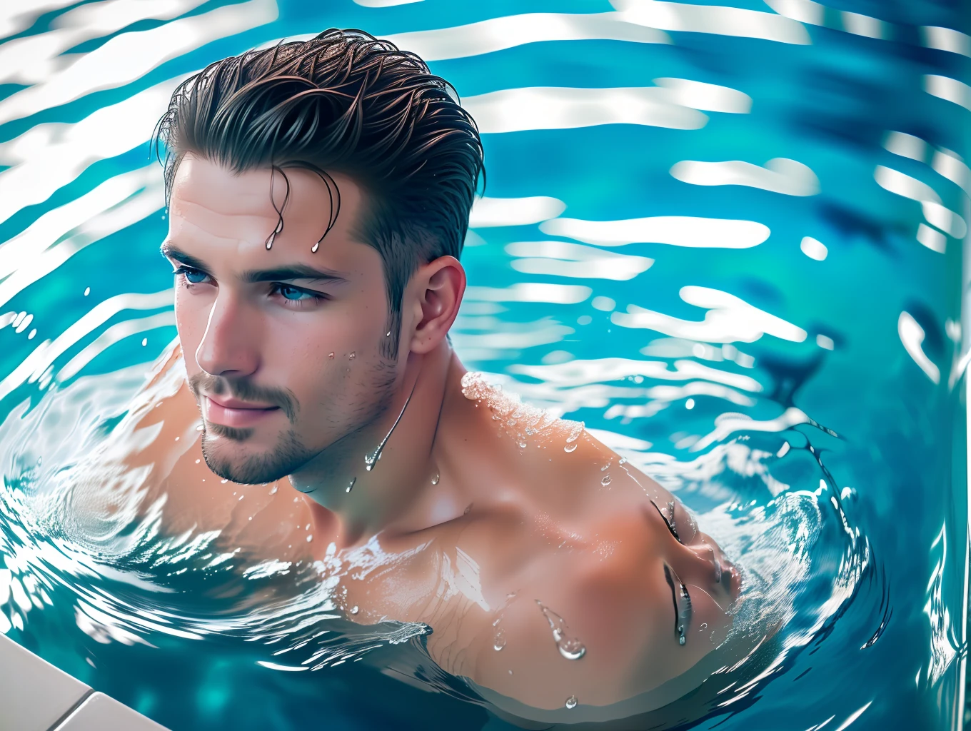 High angle shot photo, High angle view from above, Ultra detailed photo of  face of handsome man, rise from water, water up to his shoulder, the pool,  looking to the camera, splashing water and water drops, high angle view, high angle shot, splashing waters and water drops around him, hyper realistic, photorealistic, chiaroscuro, high angle view, man in pool, splashing waters