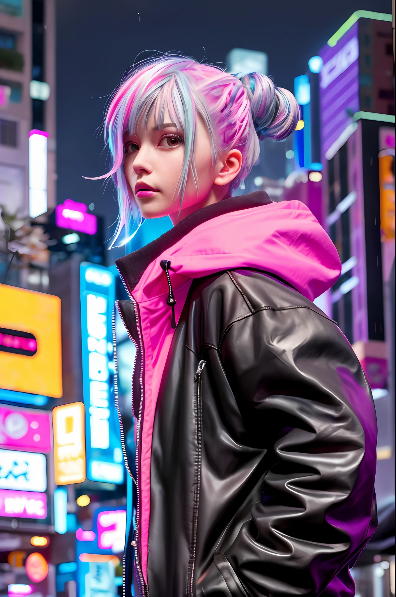 lucy \(cyberpunk\), 1girl, hair scrunchie, hime cut, silver hair, colored tips, full moon, gray eyes, jacket, long sleeves, looking at viewer, medium hair, colorful hair, parted bangs, parted lips, pink hair , portrait, red eyeliner, red lips, solo, white jacket, cyberpunk\(series\), cyberpunk city rainy night neon lights