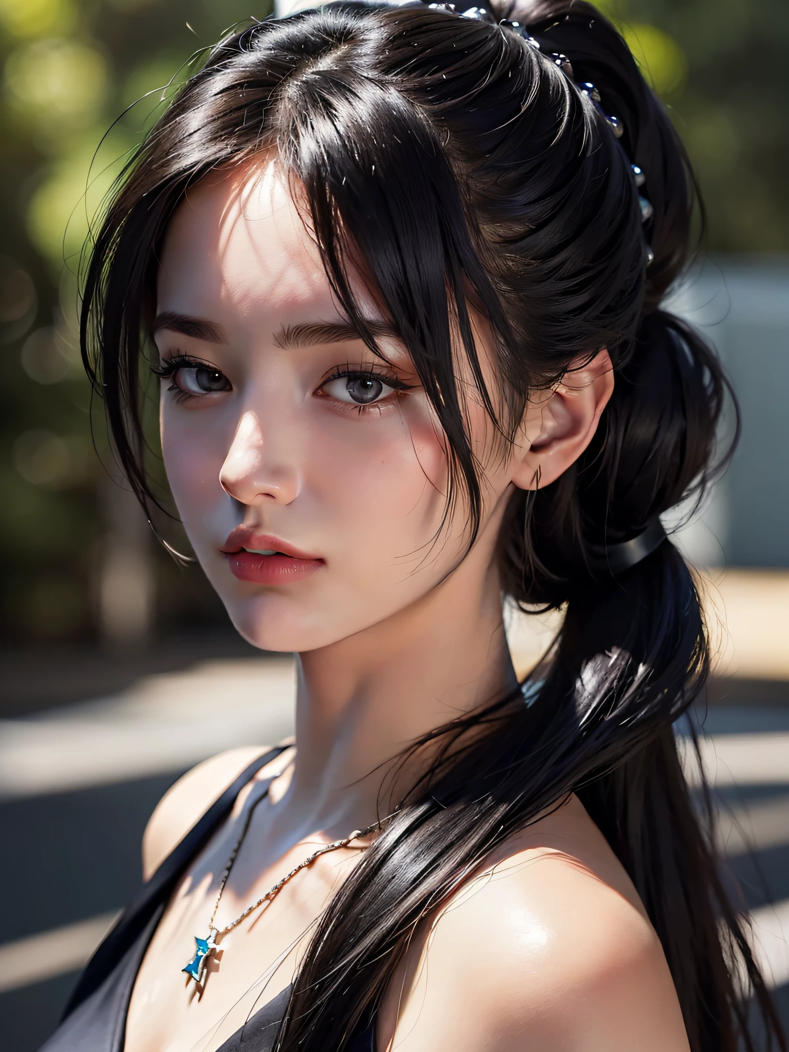 Top Quality, Masterpiece, Ultra High Resolution, (Photorealistic: 1.4), Raw Photo, 1 Girl, Off Shoulder, Darkness, Deep Shadows, Low Key, Cold Light, Black Hair Ponytail, Hair Ornament, Necklace, Jewelry,