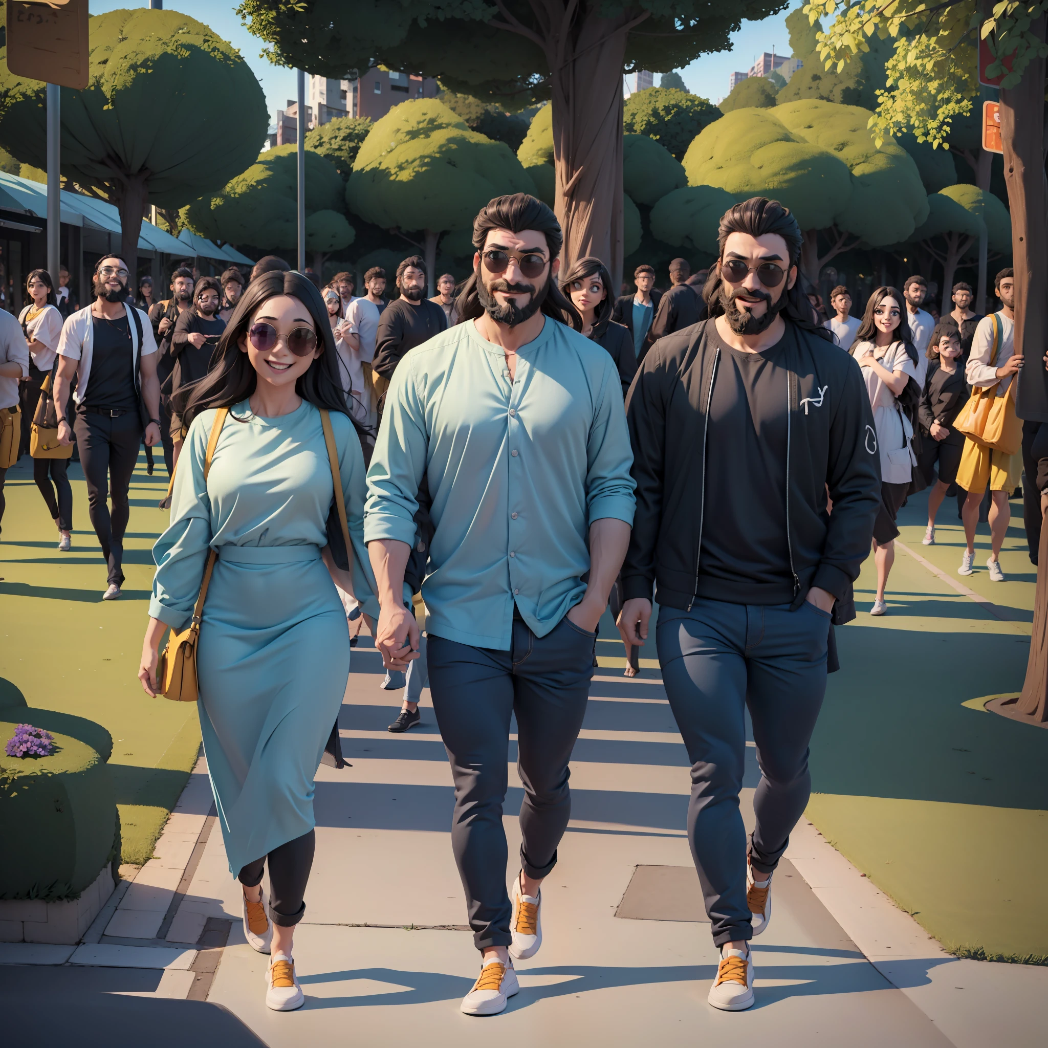 "A couple of boyfriends in their 30s walking in the park on a sunny day, dressed casually and happy. The woman has long, dark hair, while the man has a beard and sunglasses. The park has many green trees and colorful flowers all the way. There are a lot of people around, creating a lively and fun environment."