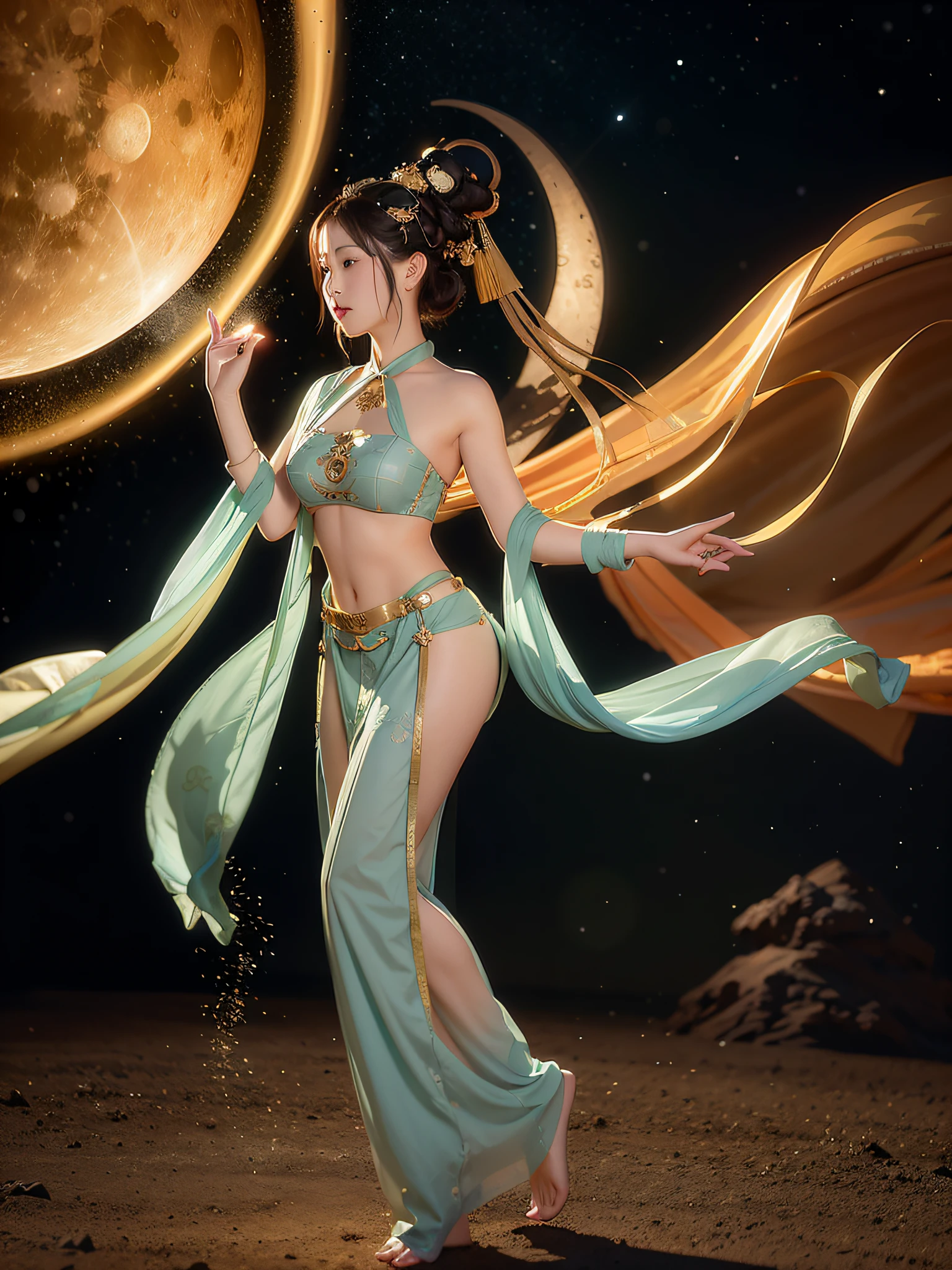 NSFW, Masterpiece, Night, Milky Way, Moon, Best Quality, Full Body Shot, Costume, Realistic, 1 Girl, Urzang, (PureErosFace_V1:0.7), 1 Girl Under the Moon ((Flying)), Chinese Immortals, dunhuang_cloths, dunhuang_style, (Chinese palace in the sky in the background: 1.5), (clouds on the ground: 1.5, surrounded by smoke: 1.5), best quality, realistic, realistic, award-winning illustrations, (complex details: 1.2), (fine details), (intricate details), (cinematic light, best quality backlight), clear lines, fashion girl, sharp focus, realistic face, detailed face, official art, Unity 8k wallpaper, super high resolution, (realistic: 1.5), looking at the viewer, ulzzang-6500,