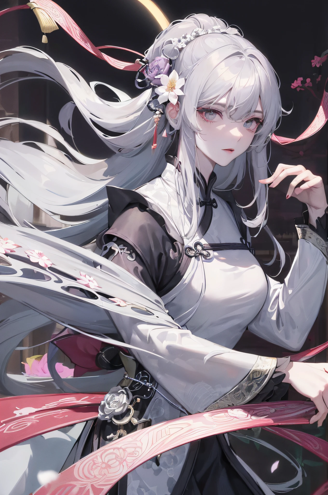 Masterpiece, Best, Night, Full Moon, 1 Female, Mature Woman, Chinese Style, Ancient China, Elder Sister, Royal Sister, Cold Face, Expressionless, Silver White Long Haired Woman, Pale Pink Lips, Calm, Intellectual, Three Belts, Gray Hitomi, assassin, dagger, flower ball background, street view