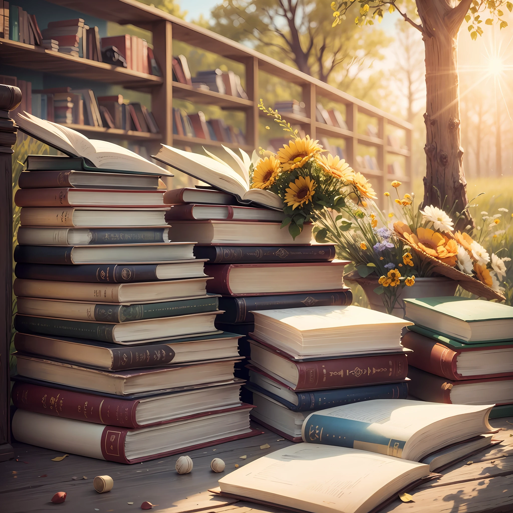 Books piled up on the steppe, the sun was shining --auto --s2