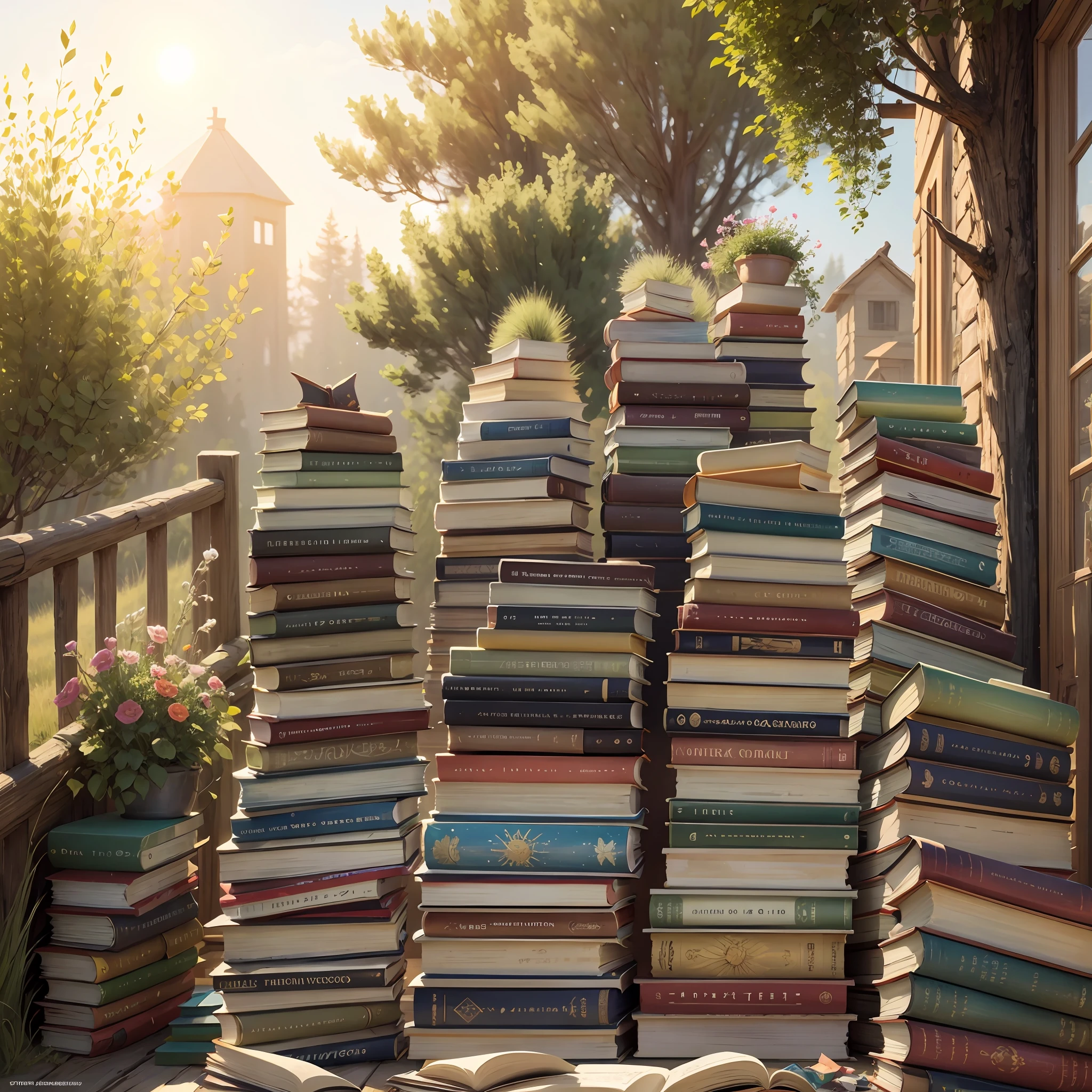 Books piled up on the steppe, the sun was shining --auto --s2