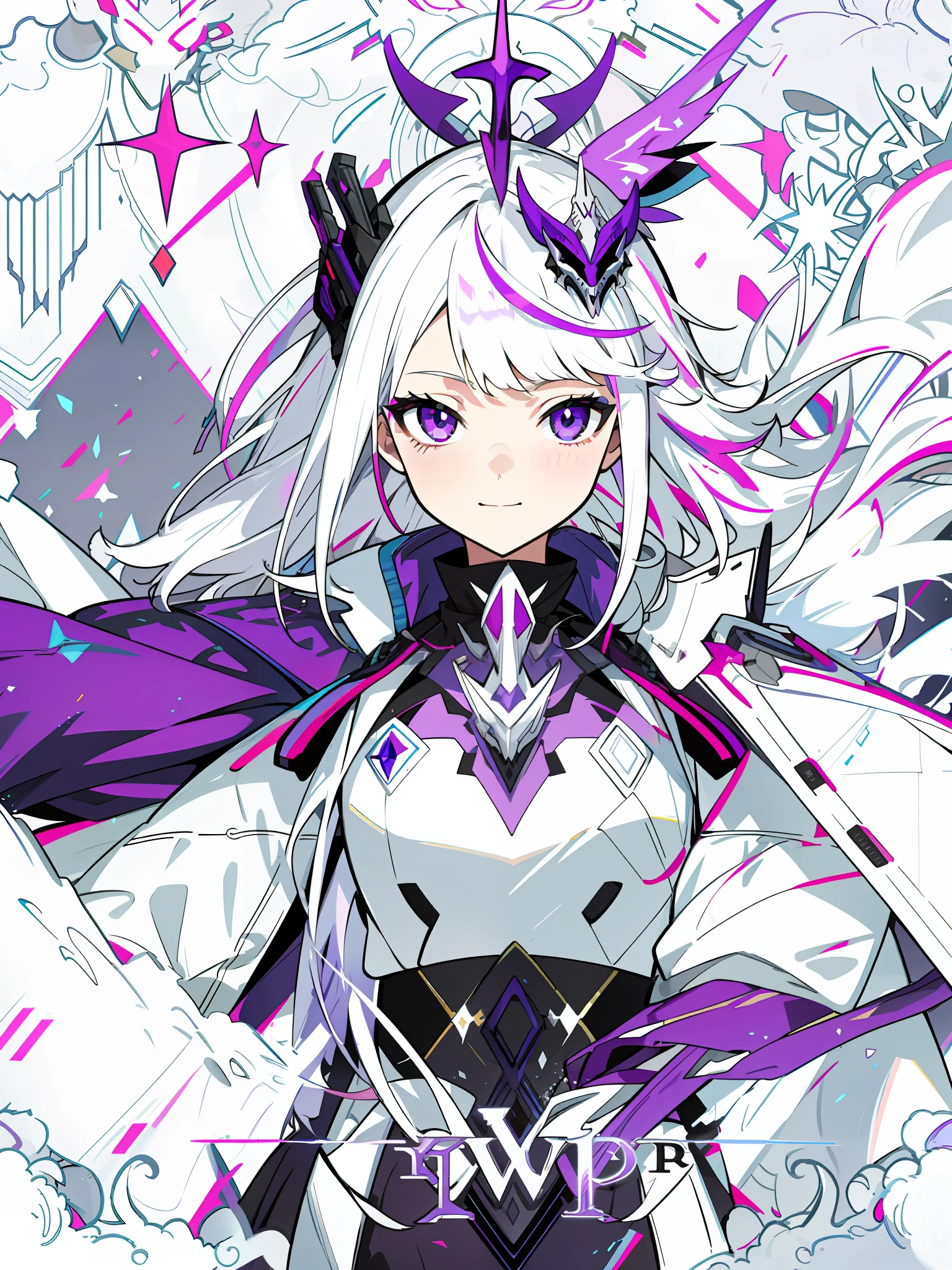 1girl, white hair, multicolored hair, purple eyes, mask on head, sidelighting, light particles, wallpaper