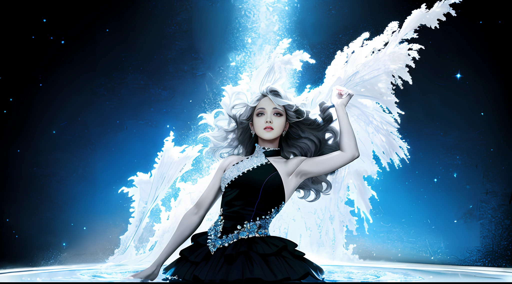 central figure, dynamic pose, rich background composition, water, crystal, gemstone, sparkle, girl, fantastic, ultra high definition, various colors, blue, space, sky, (black and white/gray hair), masterpiece, high quality