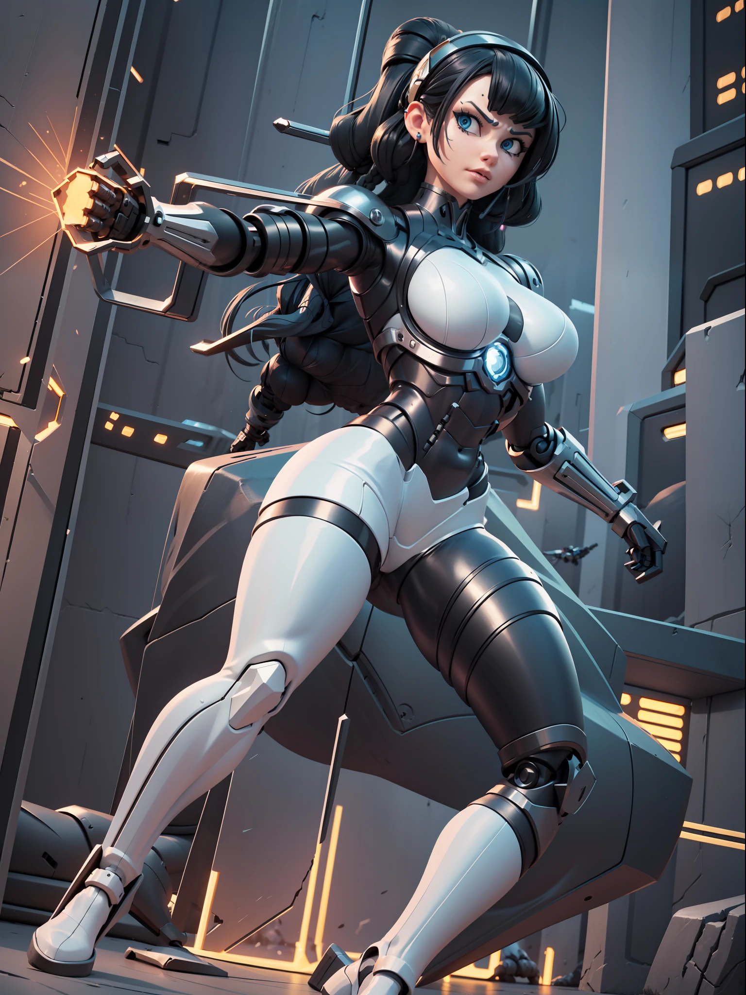 A cyborg (1woman) in combat against evil robots in a futuristic city, with strong lighting, defined shadows, dramatic angle, dynamic pose and ultra-detailed CG style and excellent image quality.