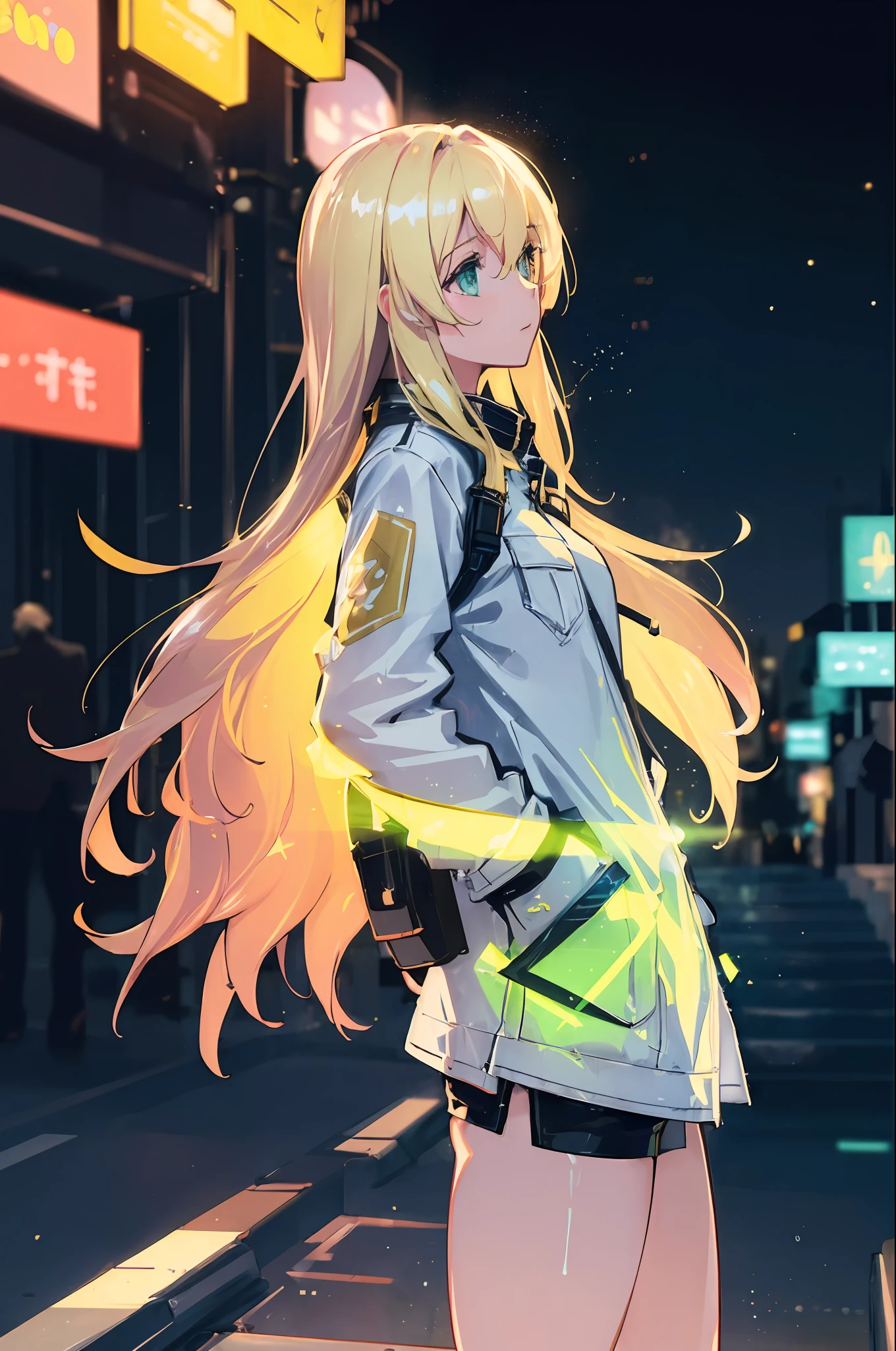 a girl blowing a big bubblegum with both of her hand in her pocket , (hands in pocket:1.4), (big bubblegum:1.4), (Shibuya:1.4), (night lights:1.4), (Thick Body:1.4), (Long Blond Hair:1.4), Green Eyes, HDR (High Dynamic Range), Ray Tracing, NVIDIA RTX, Super-Resolution, Unreal 5, Subsurface Scattering, PBR Texturing, Post-Processing, Anisotropic Filtering, Depth-Of-Field ,Maximum Clarity And Sharpness, Multi-Layered Textures, Albedo And Specular Maps, Surface Shading, Accurate Simulation Of Light-Material Interaction, Octane Render, Two-Tone Lighting, Low ISO, White Balance, Rule Of Thirds, Wide Aperture, 8K RAW, Efficient Sub-Pixel, Sub-Pixel Convolution, (Luminescent Particles:1.4), {{Masterpiece, Best Quality, Extremely Detailed CG, Unity 8k Wallpaper, 3D, Cinematic Lighting, Lens Flare}},
