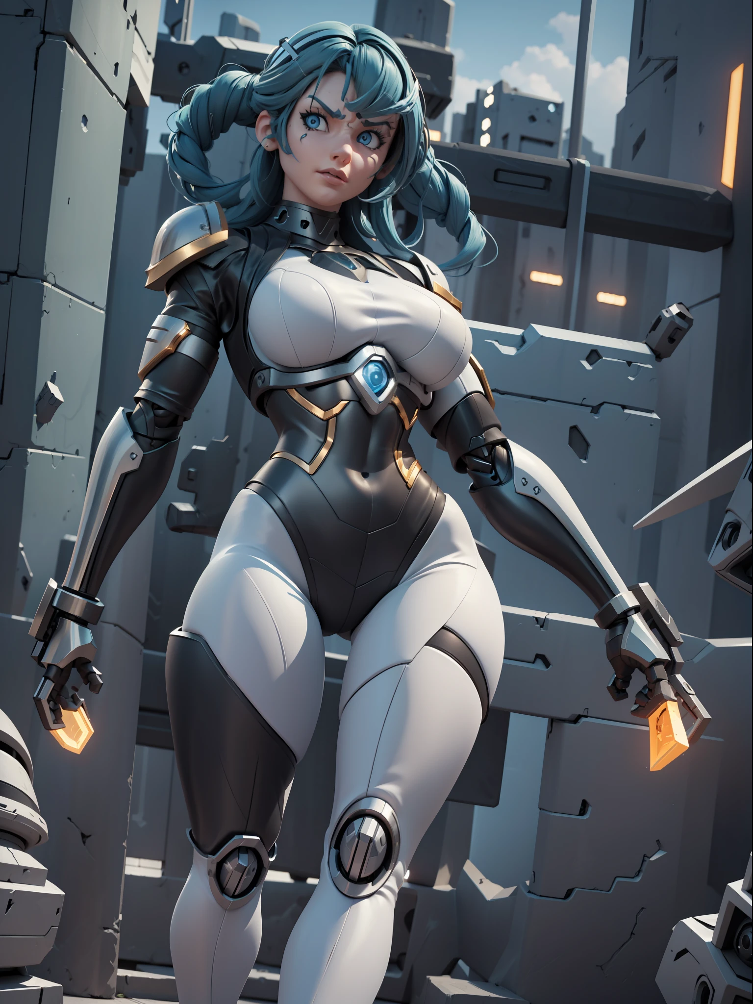 A cyborg (1woman) in combat against evil robots in a futuristic city, with strong lighting, defined shadows, dramatic angle, dynamic pose and ultra-detailed CG style and excellent image quality.