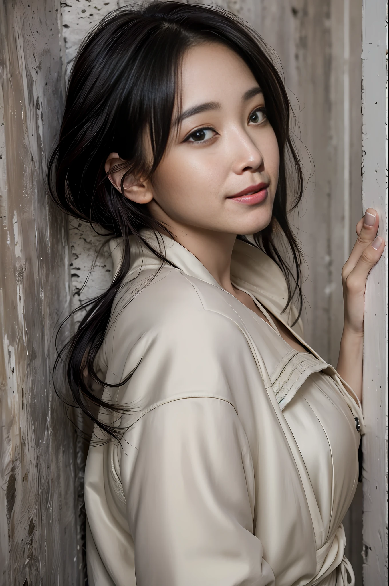 Ultra HD, masterpiece, highest resolution, highest detail, chiaroscuro, a young and beautiful woman, black hair, beautiful eyes, long eyelashes, light smile, human eye perspective, wearing a white bandeau, black coat, black short skirt, leaning against the wall