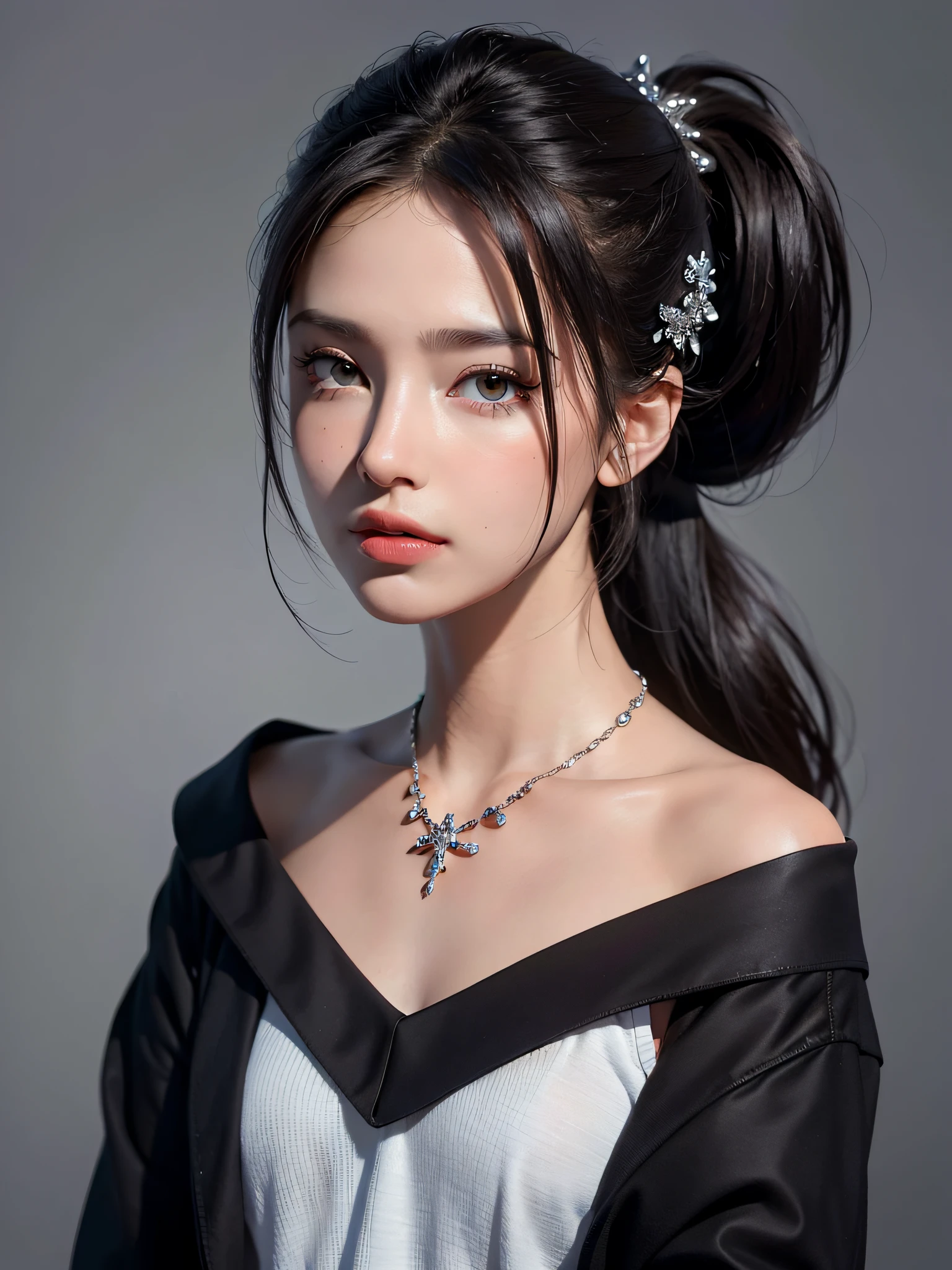 Top Quality, Masterpiece, Ultra High Resolution, (Photorealistic: 1.4), Raw Photo, 1 Girl, Off Shoulder, Darkness, Deep Shadows, Low Key, Cold Light, Black Hair Ponytail, Hair Ornament, Necklace, Jewelry,