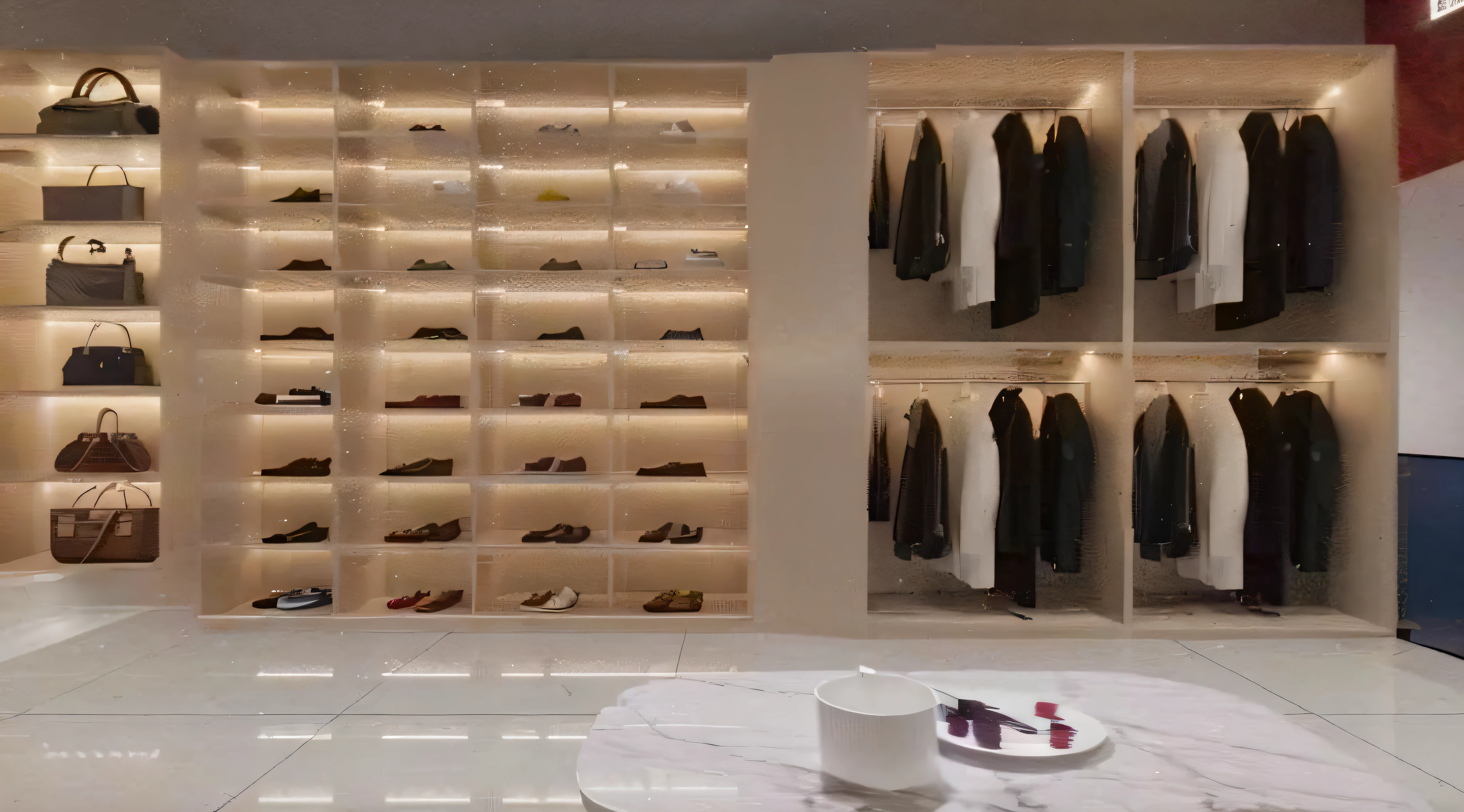 a view of a room with a lot of clothes and shoes, elegant wardrobe, elegant futuristic wardrobe, show room scene, neat and tidy, luxury item showcase, high-end, high - end, clean and organized, cabinet furniture, best selling, modern look, cupboards, yeezy collection, modern style, most popular, luxury fashion, clean and neat, luxury brand