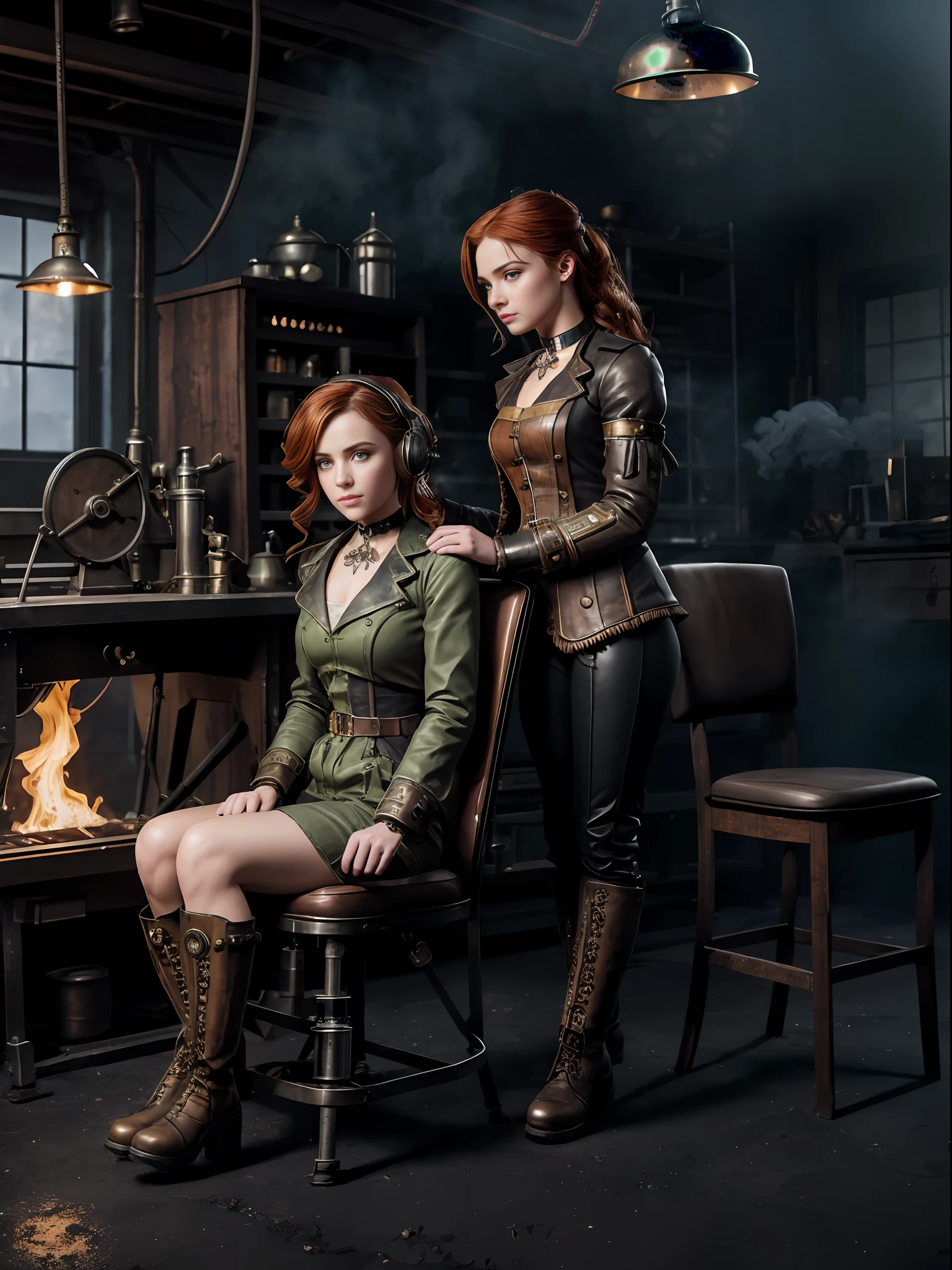 hyper photorealism, perfect anatomy, realistic character, very high contrast lighting, cinematic lighting, dramatic lighting, profile, shot from the back, from below, (((a girl on a chair is repairing a machine in the steamy smoky workshop))), (a 19 yo girl, (Ana de Armas:0.70), (redhead:1.1)), very cute, (perfect eyes:1.1), photorealistic wavy hair, a girl in a steampunk jumpsuit in light gray color, intercom headset, steampunk choker, long leather boots, perfect detailed face, detailed symmetric green eyes with circular iris, fixing a steam engine in the steampunk garage filled with steam and smoke, cogs and gears, steamy background with lots of steam pipes and steam valves and pressure gauges and gears, intricate background, very highly detailed costume, very highly detailed background, steampunk fantasy style, steampunk , steampunk aesthetic, steamy, smoky