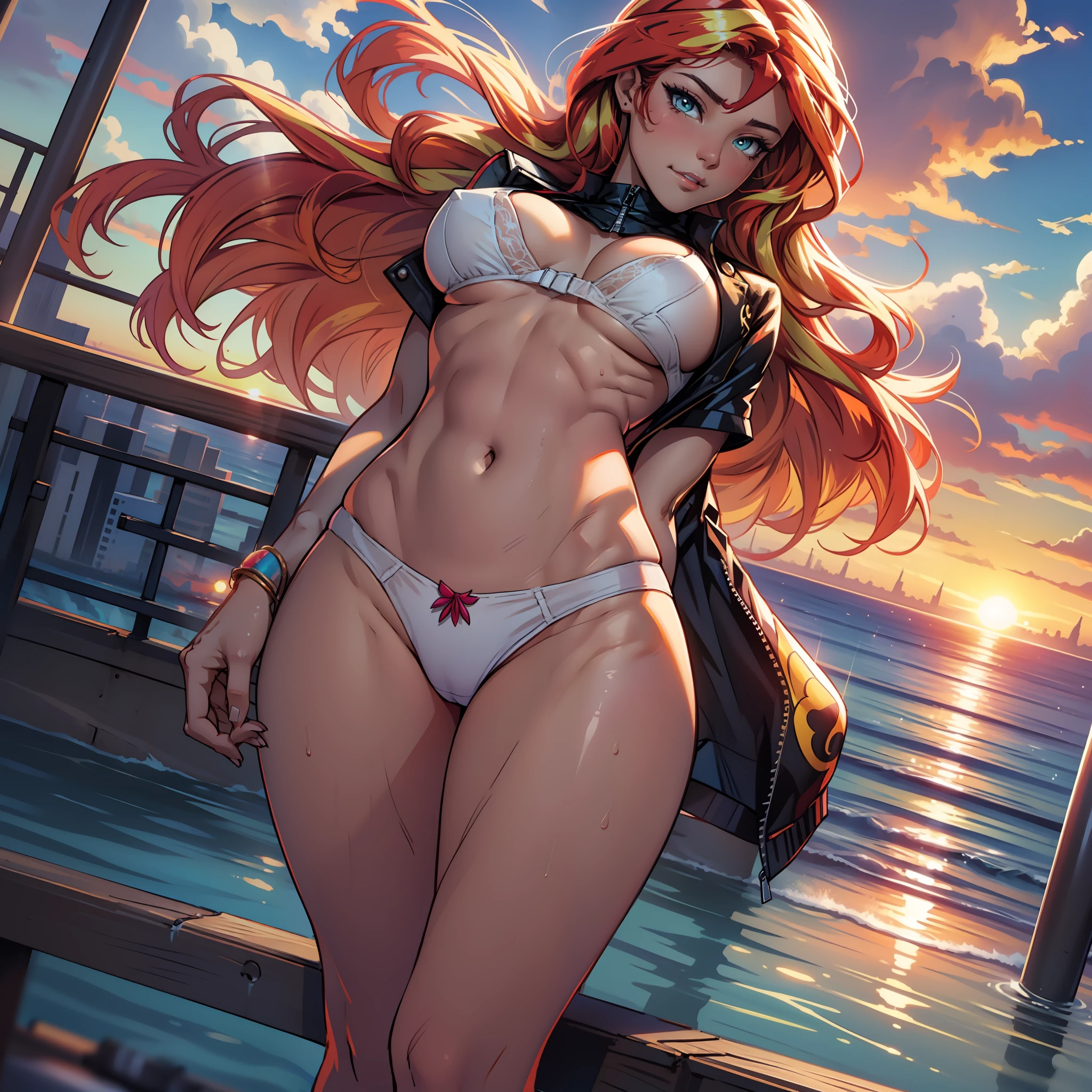 Sunsethuman, Sunset Shimmer, Sunset Shimmer from my little pony, Sunset Shimmer in the form of a girl, thong, big breasts, lush breasts, voluminous breasts, firm breasts, wet underwear, the whole body can be seen, underwear shines through, shin, heels, feet, five fingers, detailed hands, two hair tones, red and yellow hair, white bra, white panties, dancing, yacht, neon, stage, full-length, palm, summer, cruise,  On deck