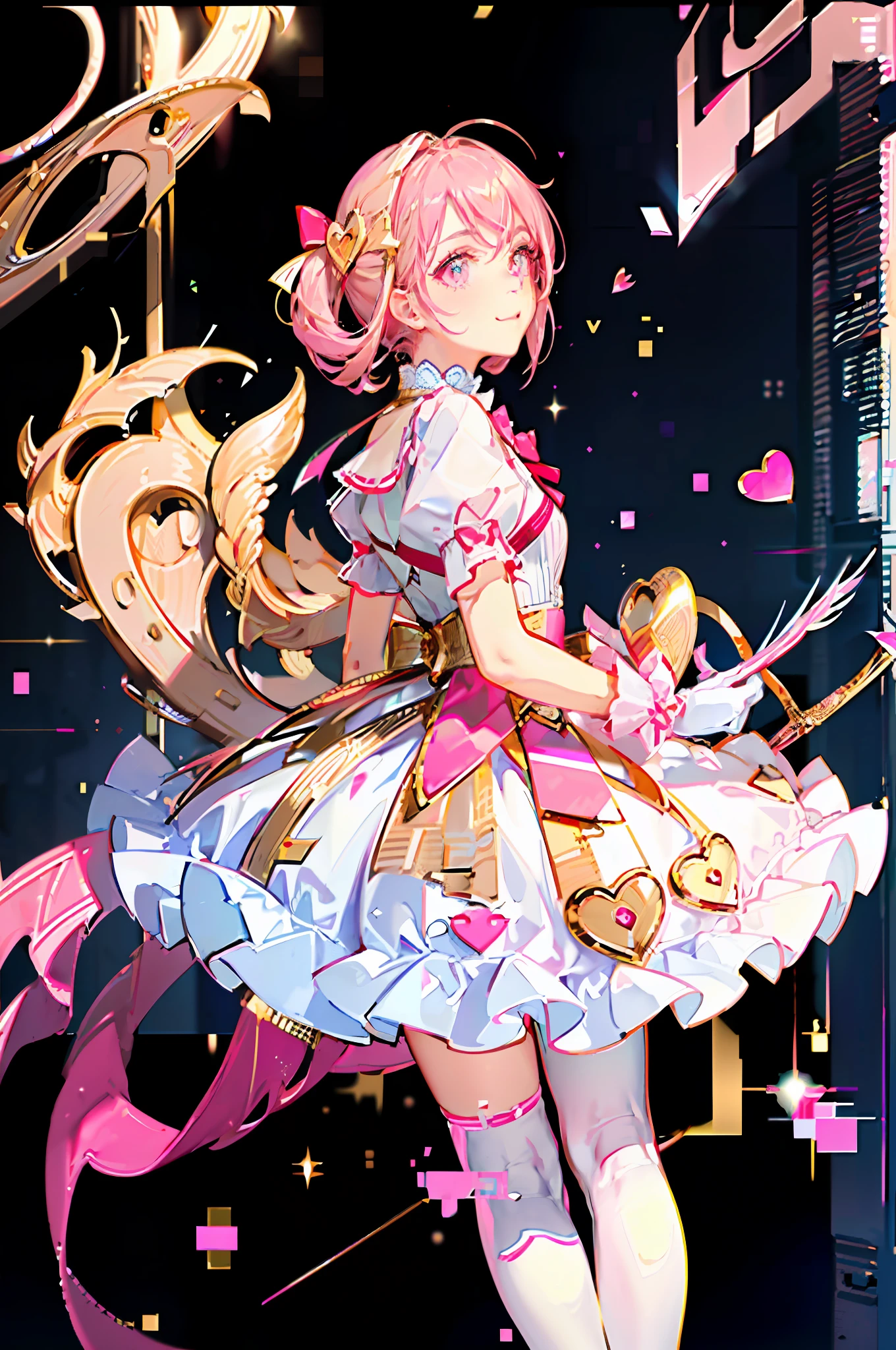 best quality, masterpiece, girl, cupid, ((valentines theme, lovecore)), holding bow and arrow with heart shape, heart, heart bokeh effect, heart glowing particles, heart eyes, ((color palette: red, pink, white, gold details))