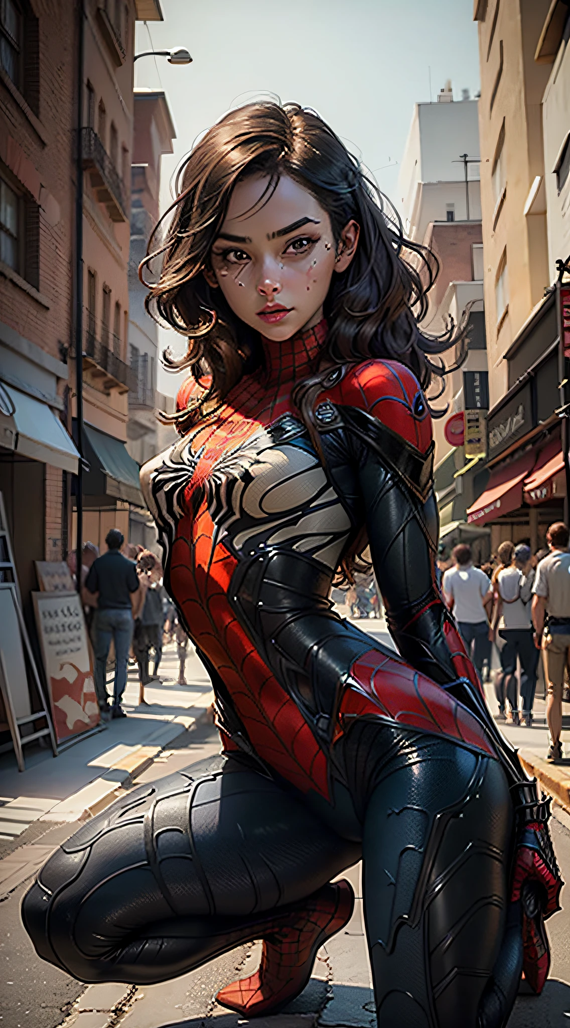 Beautiful woman with detailed defined body using Spider-Man role-playing, delicate facial features, perfect face, small breasts, crouched on the ground with her back to the audience