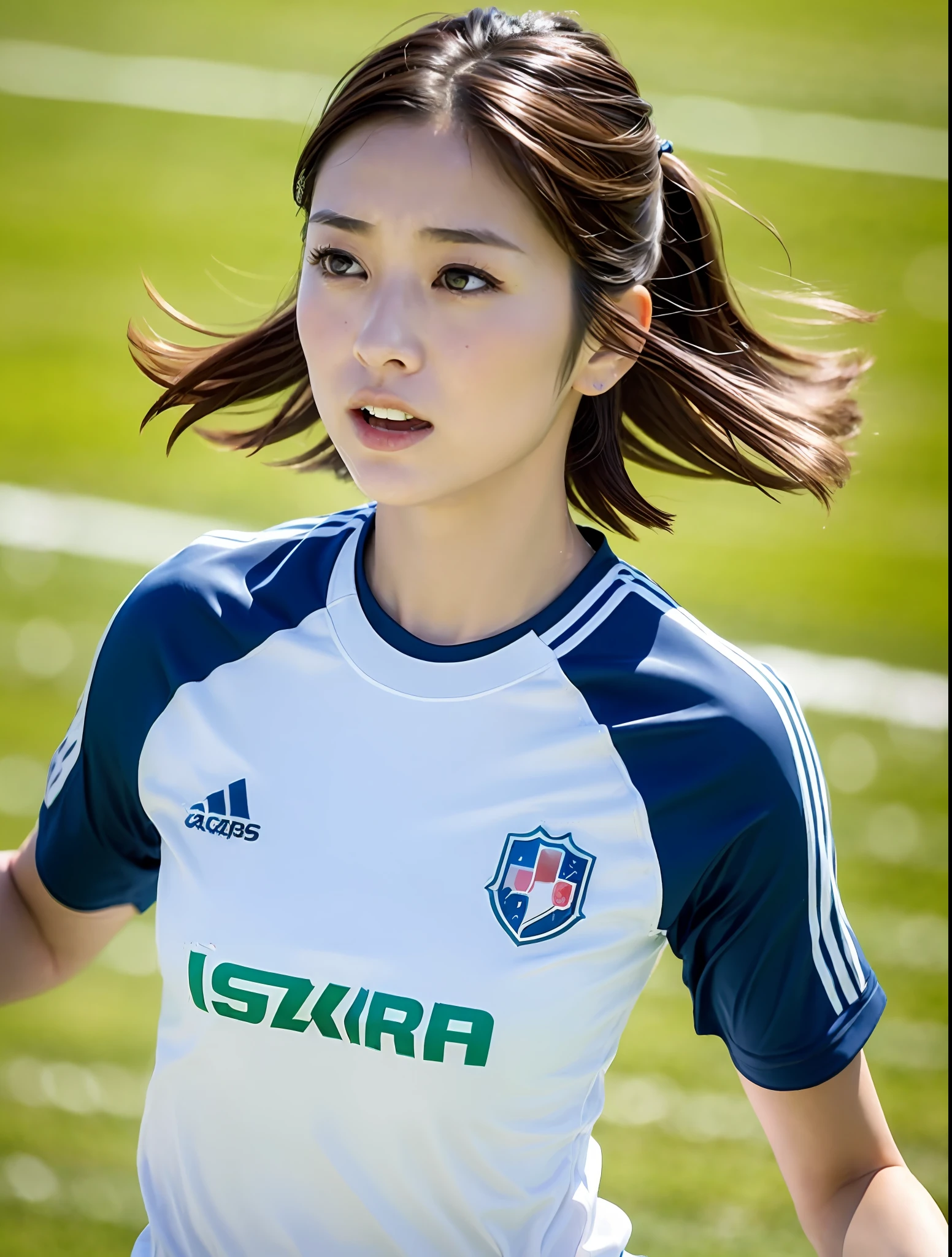 ((top quality, 8k, masterpiece: 1.3)), sharp focus: 1.2, cute woman: 1.4, ((layered haircut)), (Kawasaki Frontale uniform), (sunny, street: 1.2), very detailed face and skin texture, Detailed eyes, double eyelids, white skin, bob cut hair, black hair band, brown-haired, cute young Japan woman, 28 years old, Beautiful soccer player running towards the ball on a soccer field, at a dynamic angle, creating melancholy emotions characterized by calming tones and contrasting mixes of light and shadow, while emphasizing the subject's hair, eyes, mouth and action, in a composition pleasing to the eye and suggestive.