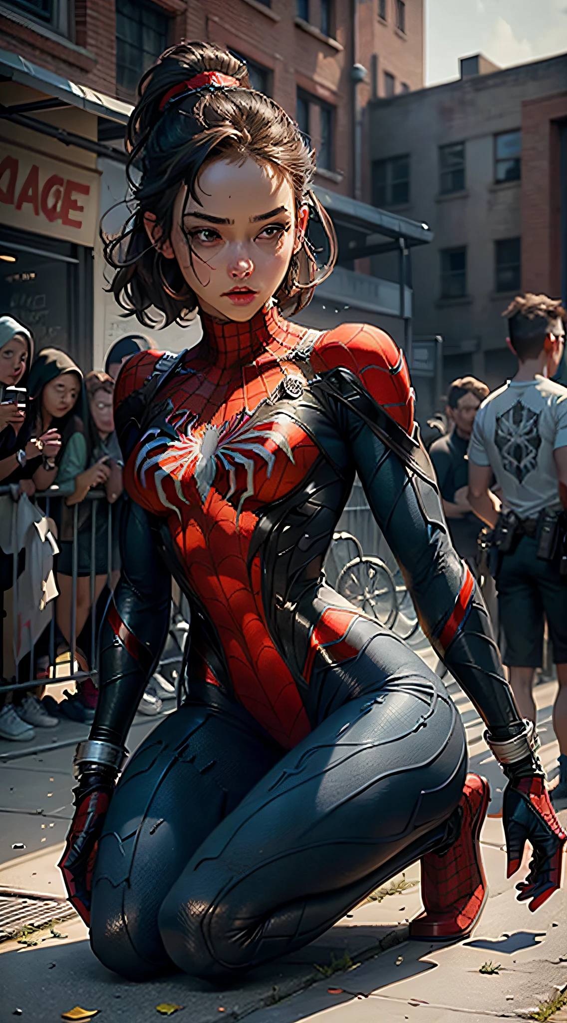 Beautiful woman with detailed defined body using Spider-Man role-playing, delicate facial features, perfect face, small breasts, crouched on the ground with her back to the audience