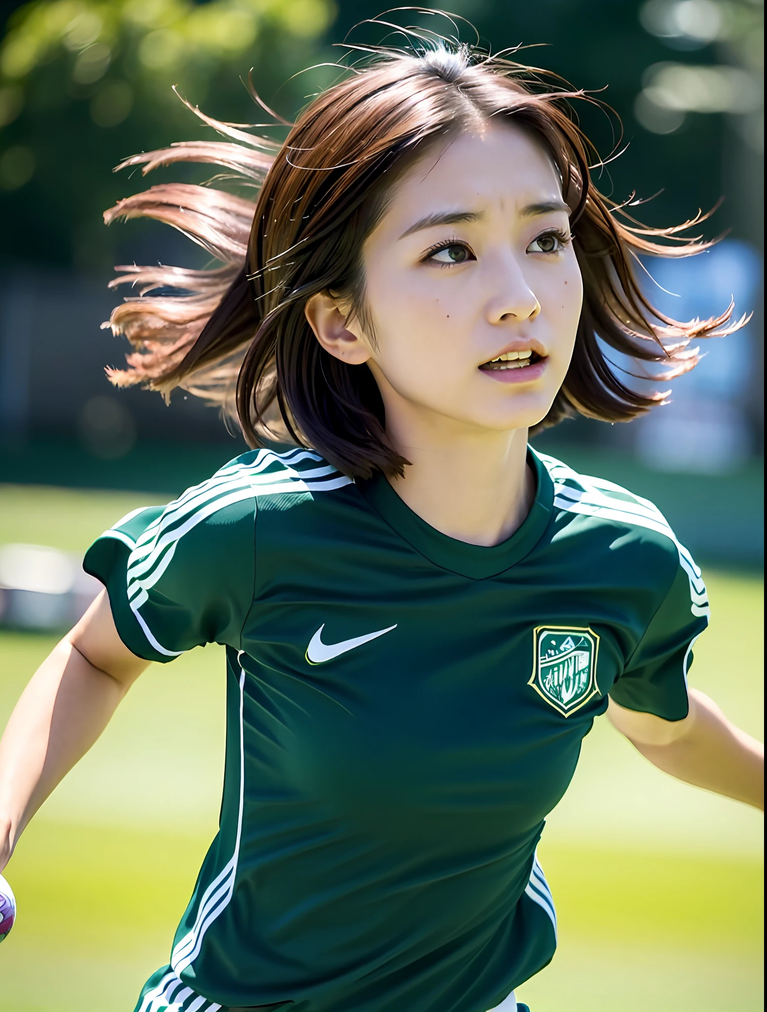 ((top quality, 8k, masterpiece: 1.3)), sharp focus: 1.2, cute woman: 1.4, ((layered haircut)), (Kawasaki Frontale uniform), (sunny, street: 1.2), very detailed face and skin texture, Detailed eyes, double eyelids, white skin, bob cut hair, black hair band, brown-haired, cute young Japan woman, 28 years old, Beautiful soccer player running towards the ball on a soccer field, at a dynamic angle, creating melancholy emotions characterized by calming tones and contrasting mixes of light and shadow, while emphasizing the subject's hair, eyes, mouth and action, in a composition pleasing to the eye and suggestive.