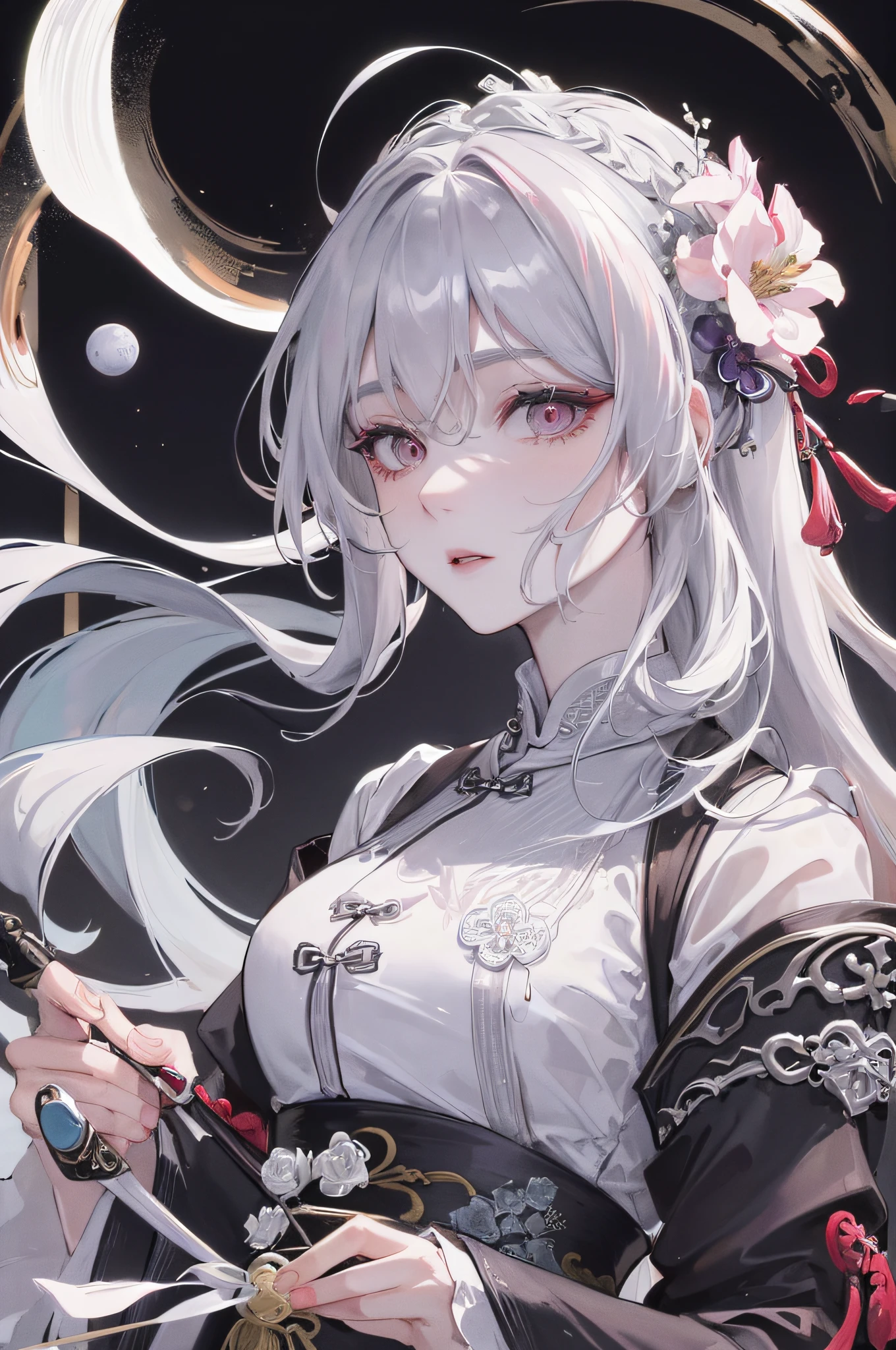 Masterpiece, Best, Night, Full Moon, 1 Female, Mature Woman, Chinese Style, Ancient China, Elder Sister, Royal Sister, Cold Face, Expressionless, Silver White Long Haired Woman, Pale Pink Lips, Calm, Intellectual, Three Belts, Gray Hitomi, assassin, dagger, flower ball background, street view