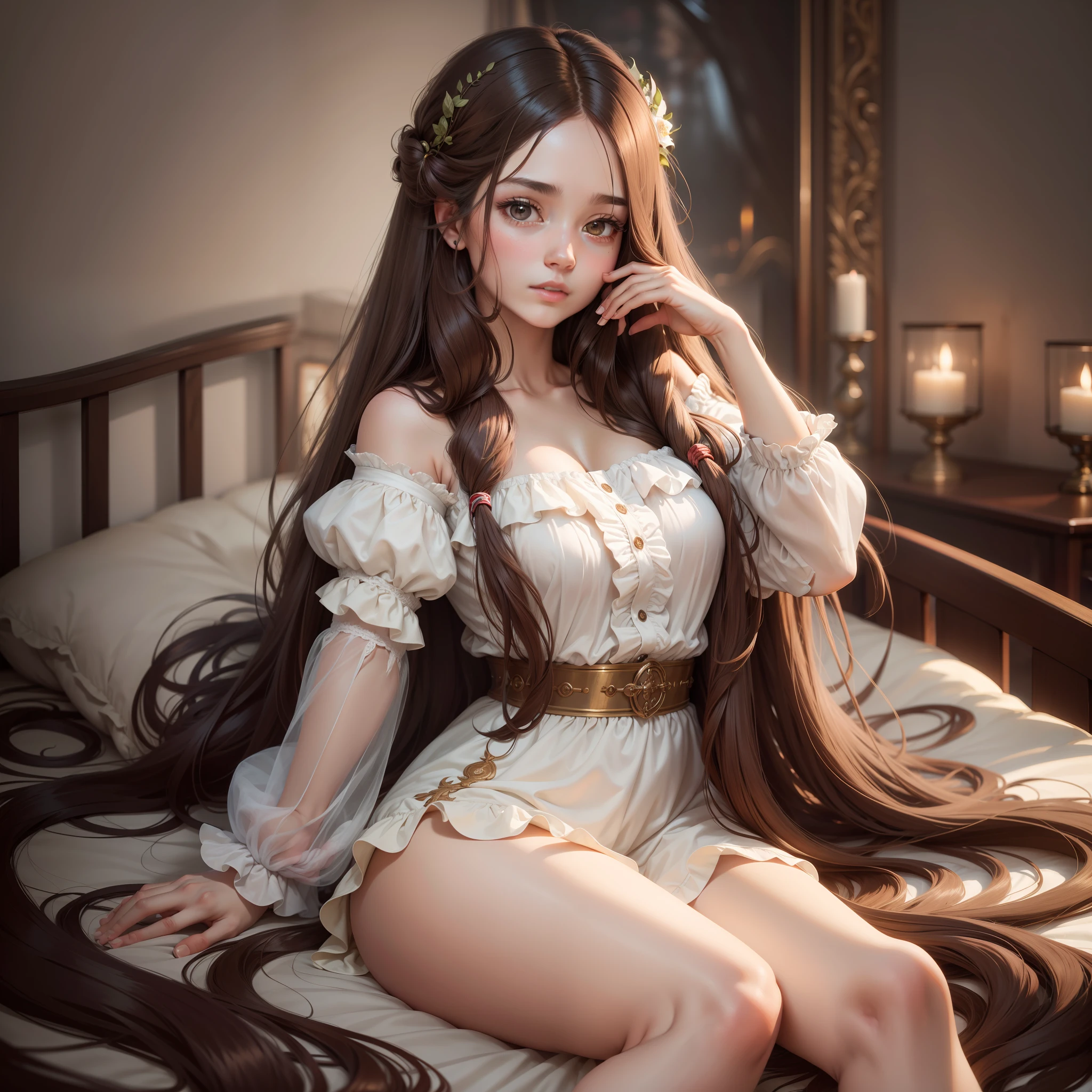 Girl Long Hair Brown Hair Bed Best Quality Ultra High Resolution 8K Masterpiece Perfect