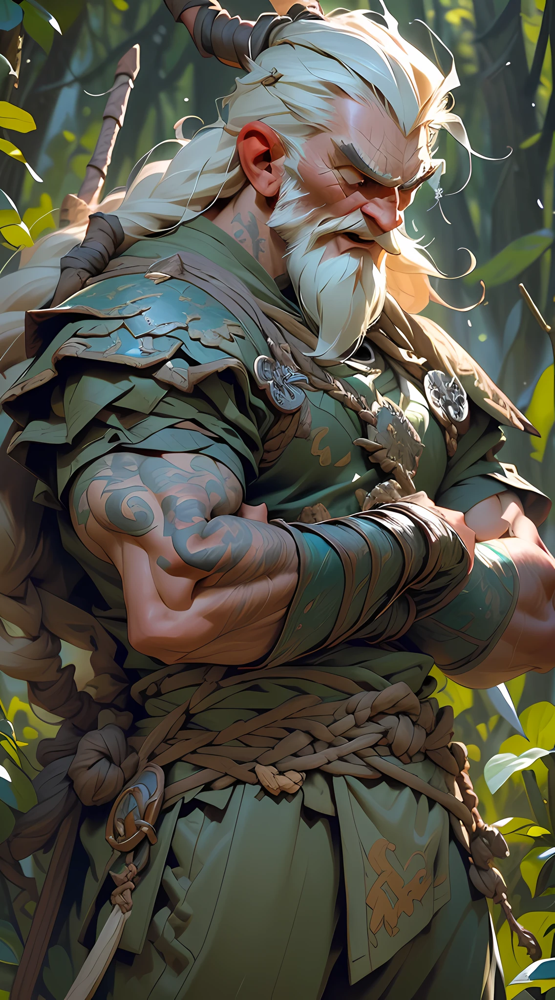 (an ultra-realistic portrait of a battle-hardened viking in his 70s), masterful craftsmanship, best quality detailing, powerful screaming expression, unruly viking hair, armored pants, defined chest and sinews, scarred and serious facial expression, deep green forest background.