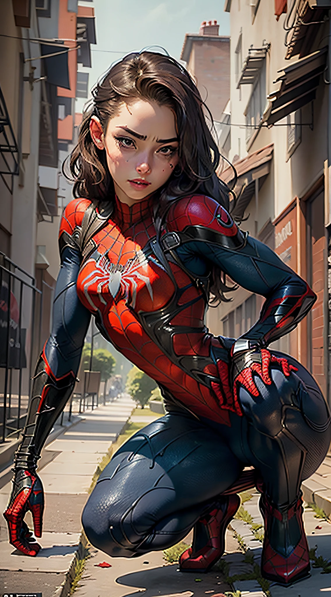 Beautiful woman with a detailed defined body using Spider-Man role-playing, small breasts, crouched on the ground with her back to the viewer