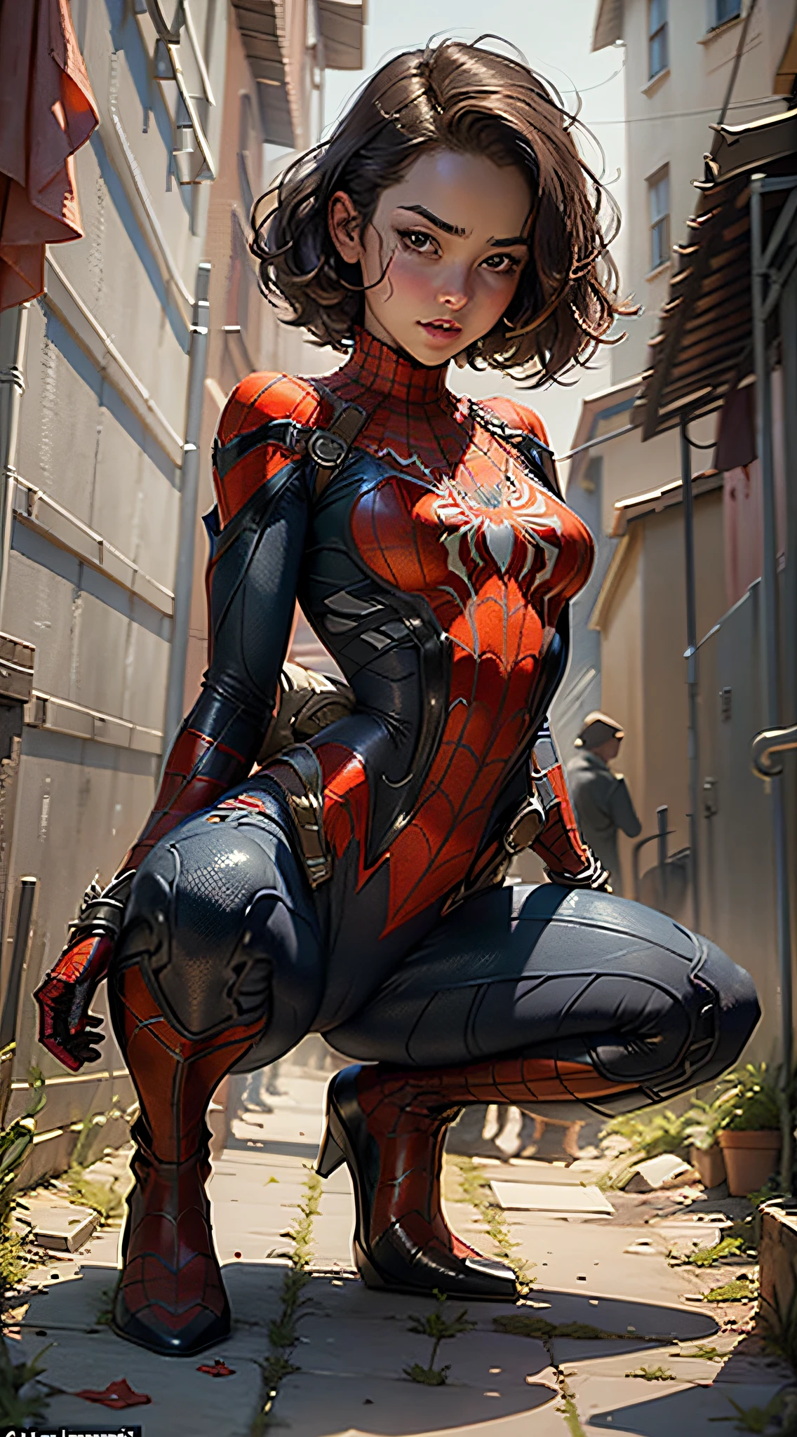 Beautiful woman with a detailed defined body using Spider-Man role-playing, small breasts, crouched on the ground with her back to the viewer