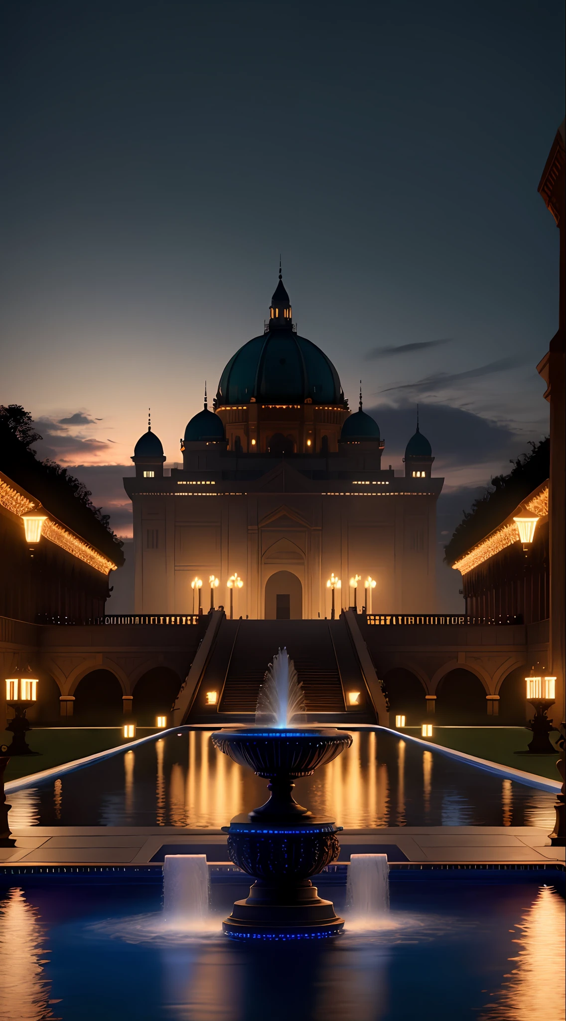 fountain in a pool with lights in front of a large royal palace, detailed architecture, ((detailed fountain)), detailed cinematic render, night time render, stunning visuals with rtx on, cinematic establishing shot, detailed unreal engine 5 render, 3d render, cgi, octane render, 35mm, bokeh, 9:16, (intricate details:1.12), hdr, (intricate details, hyperdetailed:1.15), cinematic medium shot, color corrected, cinematic shot!, cinematic full body shot, shot from movie, detailed cinematic shot, stunning moody cinematography, still shot from movie, look at the details