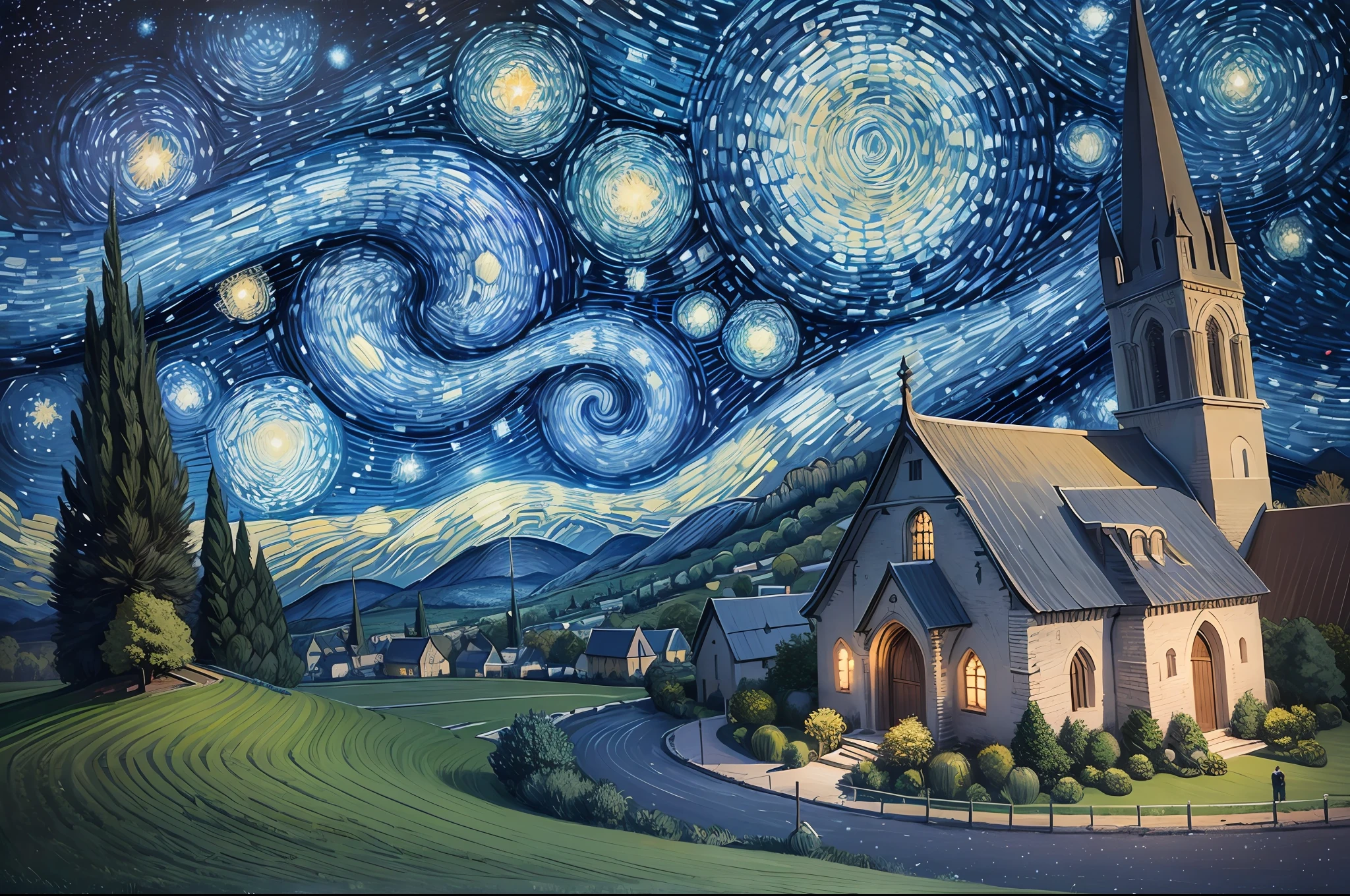 ultra detailed landscape photography, like Starry Night by Vincent Van Gogh, the tree and small village with cathedral under starry night, abstract and impressionism, chiaroscuro