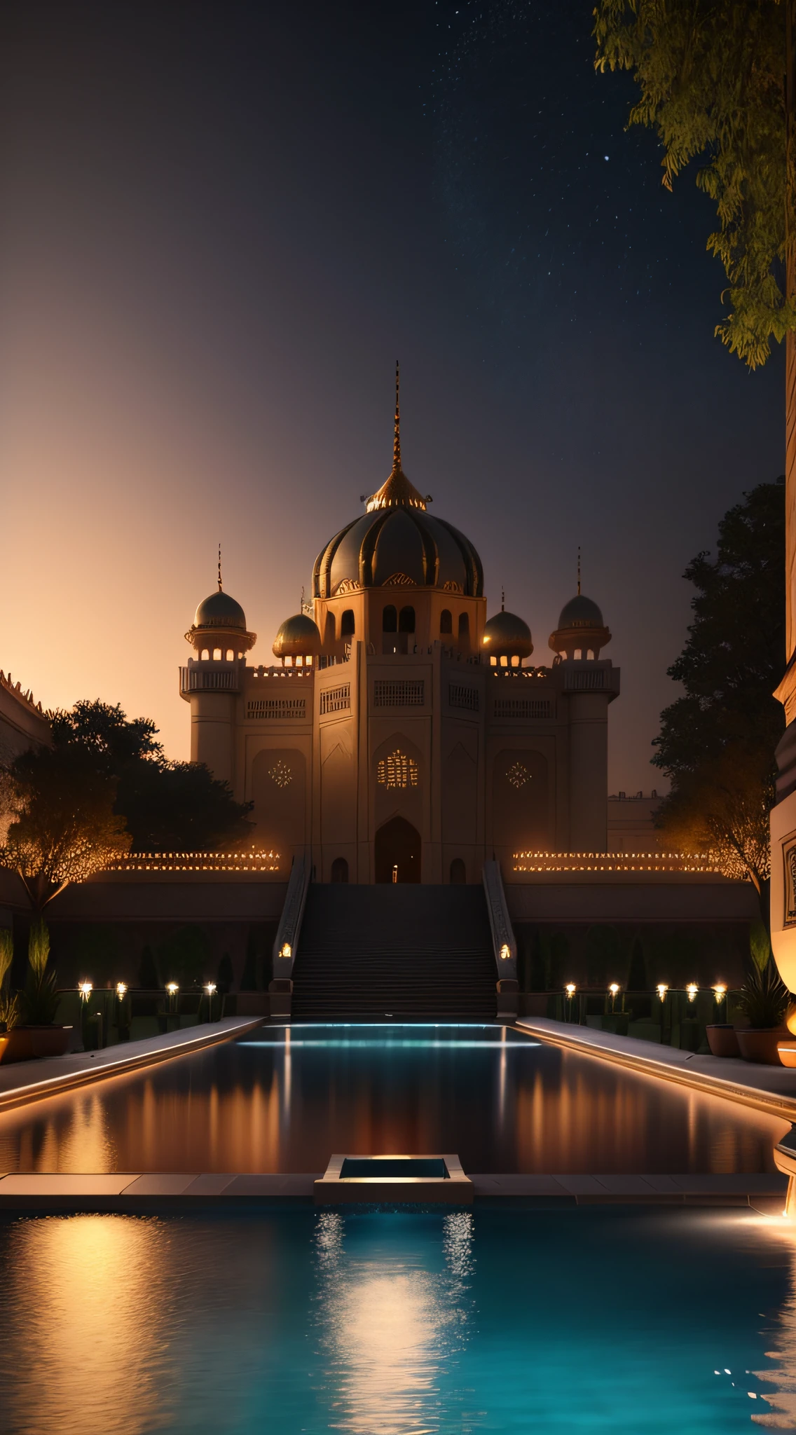 fountain in a pool with lights in front of a large building, a pool inside the giant palace, persian palace, palace background, detailed cinematic render, night time render, stunning visuals with rtx on, cinematic establishing shot, detailed unreal engine 5 render, inspired by Frederick Goodall, 3d render, cgi, symetrical, octane render, 35mm, bokeh, 9:16, (intricate details:1.12), hdr, (intricate details, hyperdetailed:1.15), cinematic medium shot, color corrected, cinematic shot!, cinematic full body shot, shot from movie, detailed cinematic shot, stunning moody cinematography, still shot from movie, look at the details