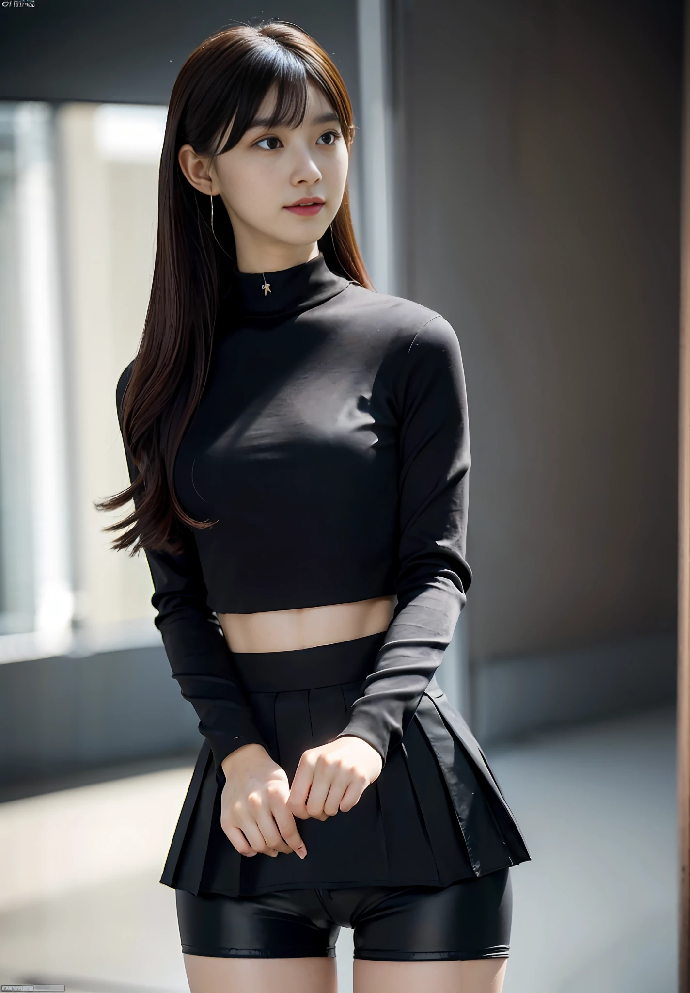 masterpiece, masterpiece, best quality, best quality, real, unity, 8k wallpaper, official art, highly detailed cg unity 8k wallpaper, ulzzang-6500, one girl, cute, professional lighting, ((glossy, long black spandex shorts: 1.37)), long hair, uniform, pleated skirt, random posture, (original: 1.2), (real: 1.4), super detailed, High resolution、ultra detail,amazing, fine detail, cinematic lighting, simple costumes, detailed clothing textures. (8k, RAW photo, highest quality, masterpiece: 1.27), (realistic, photorealistic: 1.37), physically based rendering, handsome, masterpiece, highest quality, high resolution,