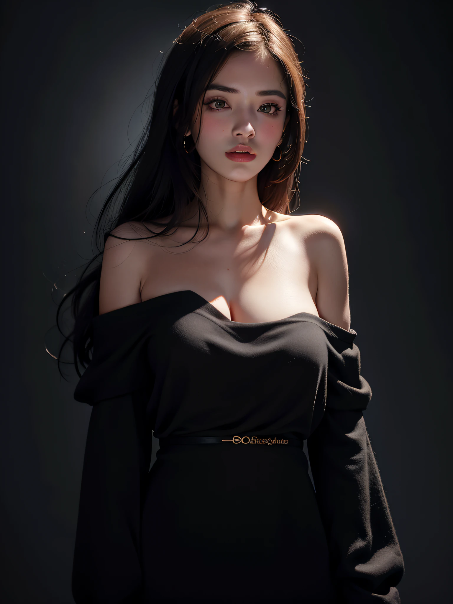 Best quality, masterpiece, ultra high res, (photorealistic:1.4), raw photo, 1girl, offshoulder, in the dark, deep shadow, low key, cold light