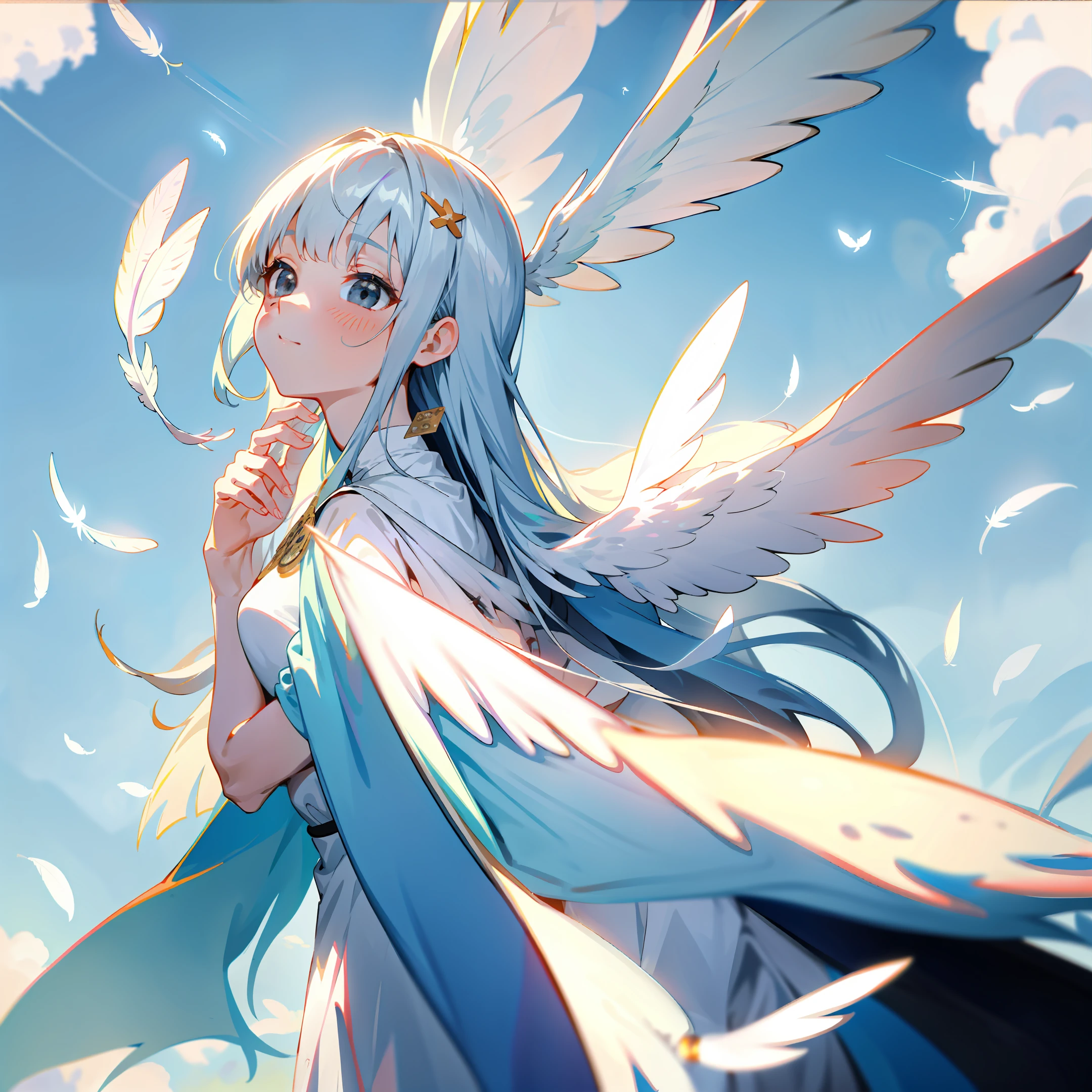 8k, reality, photo with depth, angel, girl, beautiful, cute, alone, white dress, pastel, pale tones, pastel colors, religious painting, silver hair, bangs, black eyes, long hair, left, looking up at the sky, goddess, feathers on back, oracle card, fortune telling, blue sky, sunny, nature, adult woman, use for icon,