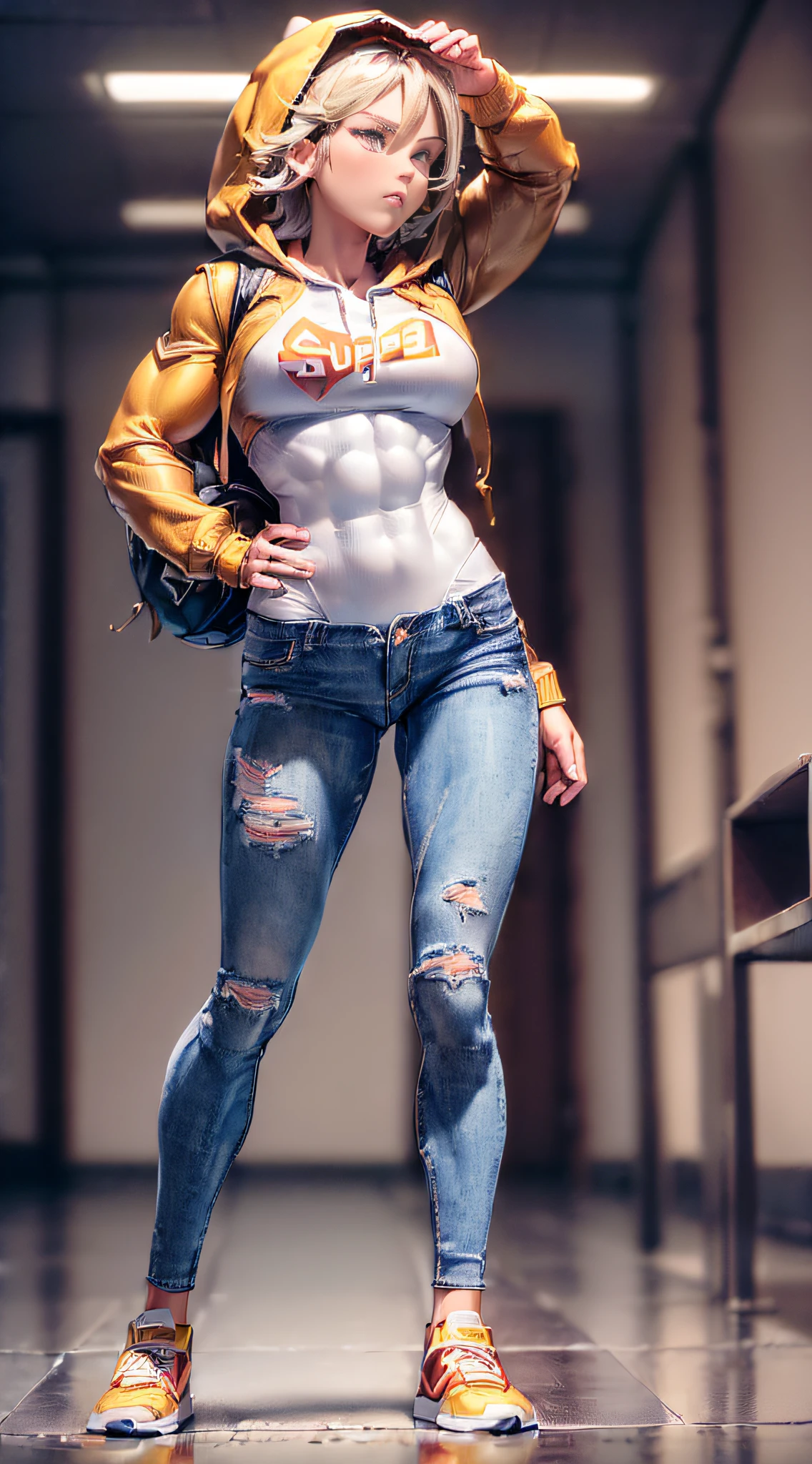 (super muscle girl:1.7),(full body, standing, indoor:1.6), (short hair, golden hair:1.1),(brown backpack:1.3), (Hooded jacket,white Hooded jacket:1.3), (jeans,long jeans:1.3),(short black socks, black sneakers:1.1),(brown eyes:1.3), female, solo, 1girl,
