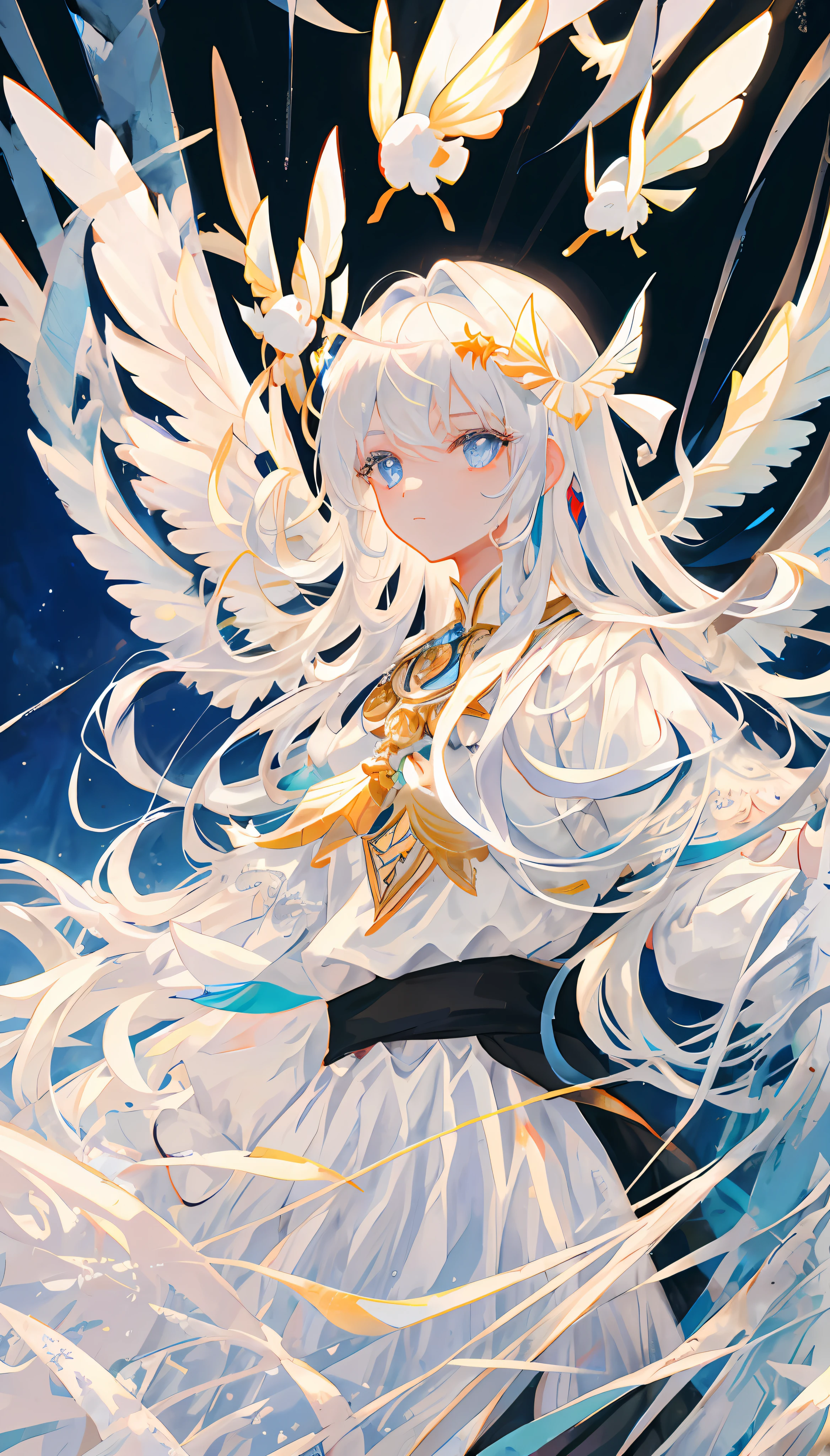Masterpiece, girl, upper body, extra-long hair, white lace finger gloves, ((prayer)), white big wings, white sea of clouds, white dress, silver hair, blue eyes, silver crown, portrait centered, white ribbon, cold face, butterfly, ((symmetrical)),, {masterpiece}, {best quality}, {1girl}, Amazing, exquisite details, extreme CG, original, extreme detail wallpaper, stereoscopic, HD, beautiful and detailed eyes, Black gold long dress, gods