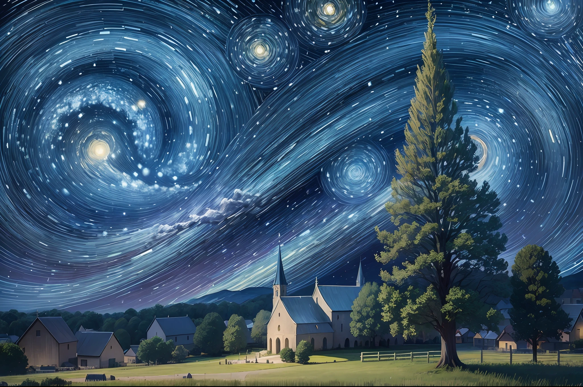 ultra detailed landscape photography, like Starry Night by Vincent Van Gogh, the tree and small village with cathedral under starry night, abstract and impressionism, chiaroscuro