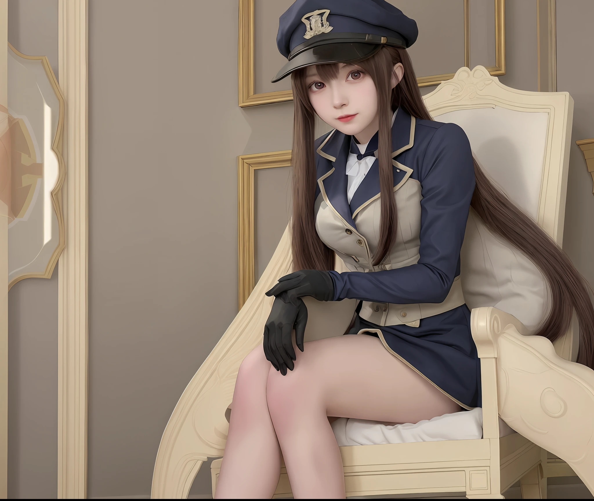 anime character sitting on a chair in a room with a chair, anime maid ss military, 2 d anime, albedo from the anime overlord, nefarious smirk, in the anime film, anya from spy x family, female anime character, cel shaded anime, like lady mechanika, the anime girl is crouching, anime still, marisa kirisame