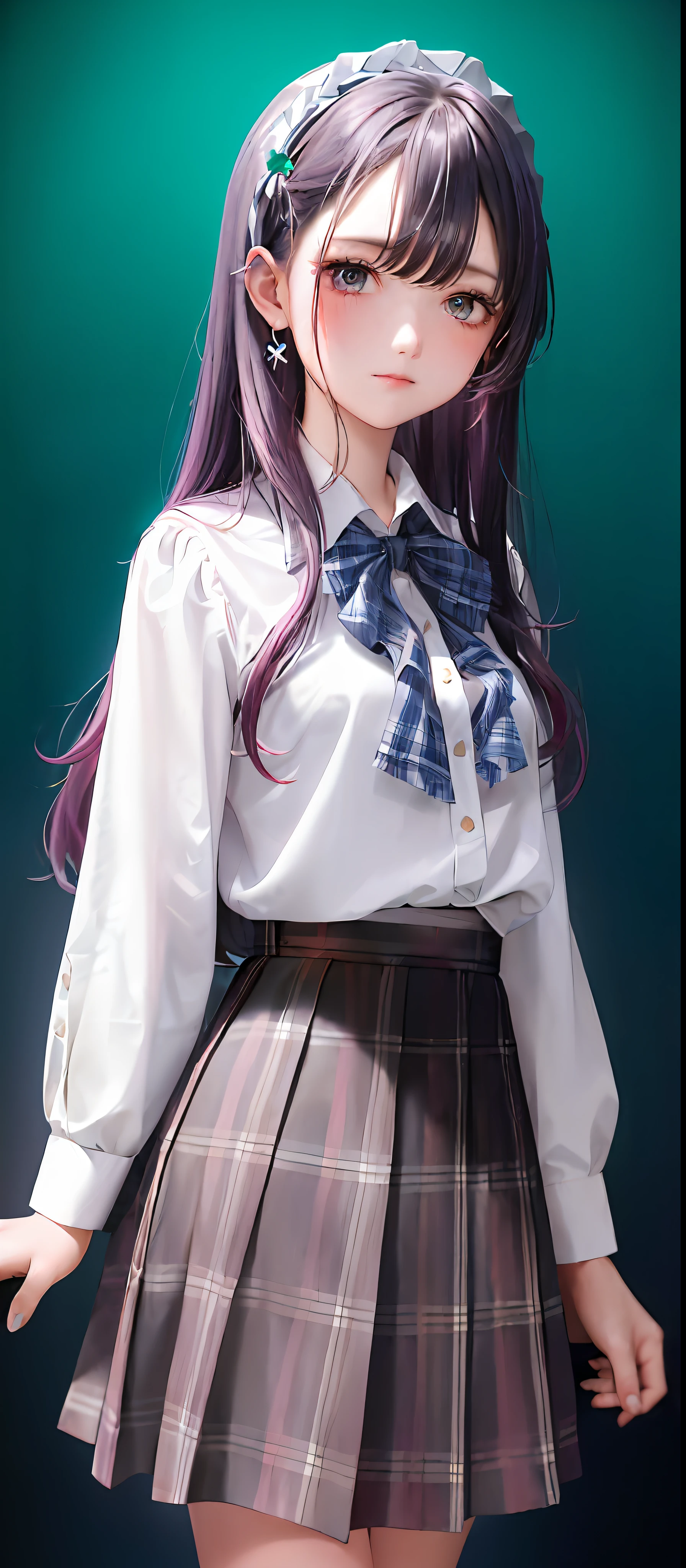 1girl, (masterpiece:1.1), (best quality:1.1), (white blouse:1.1), (plaid skirt:1.1), school uniform, high-waisted skirt, break [blue:pink:0.5] theme, (gradient background:1.1), cowboy shot, break colored hair, long hair, green eyes, delicate headdress, look to the side ,